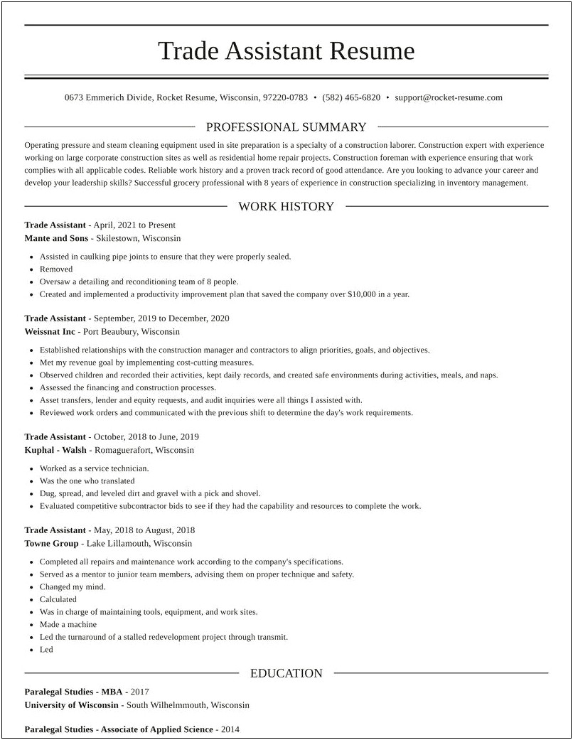 Sample Of Trade Assistant Resume Or Cv