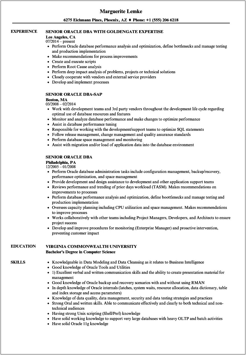 Sample Oracle Dba Resume For Freashers