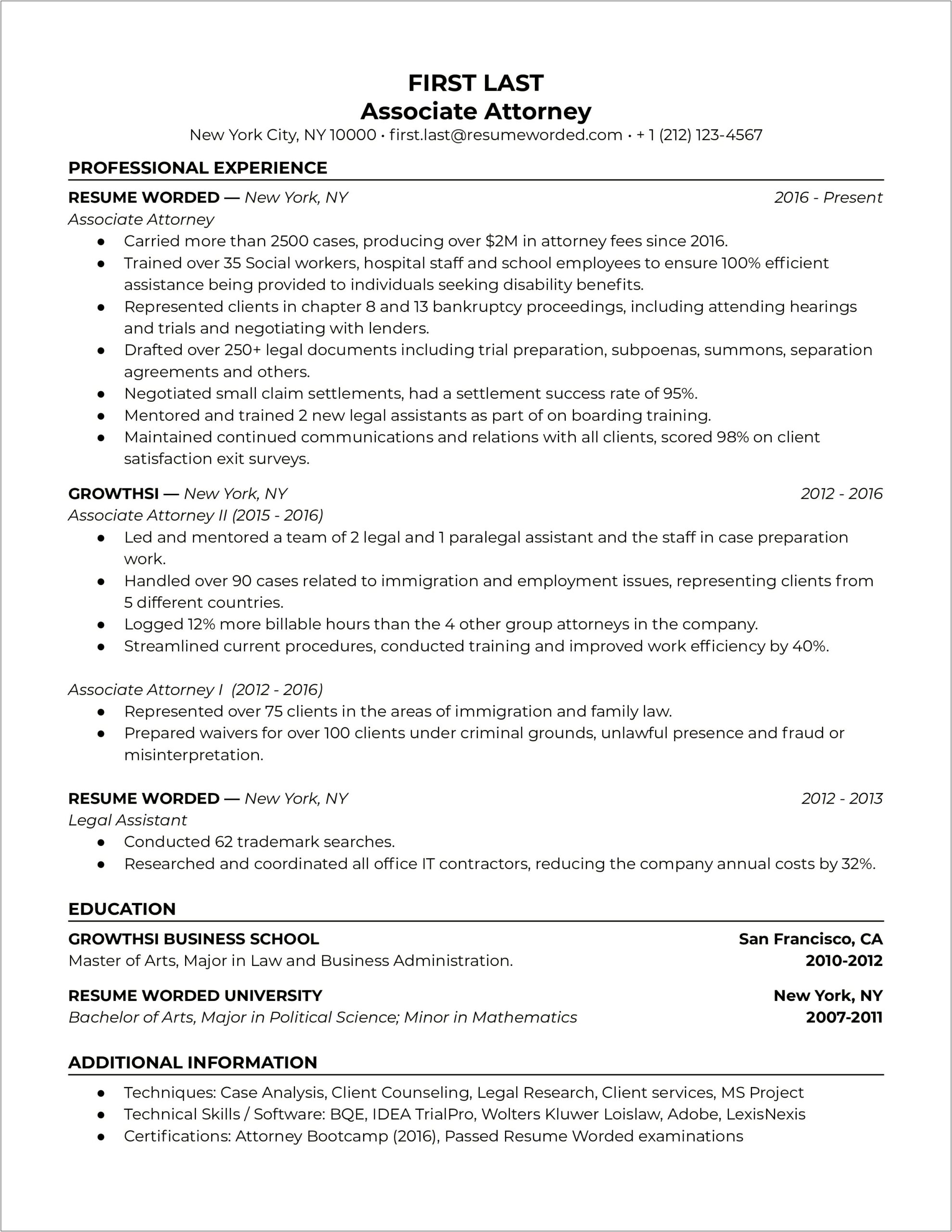 Sample Paralegal Resume With Bullet Points