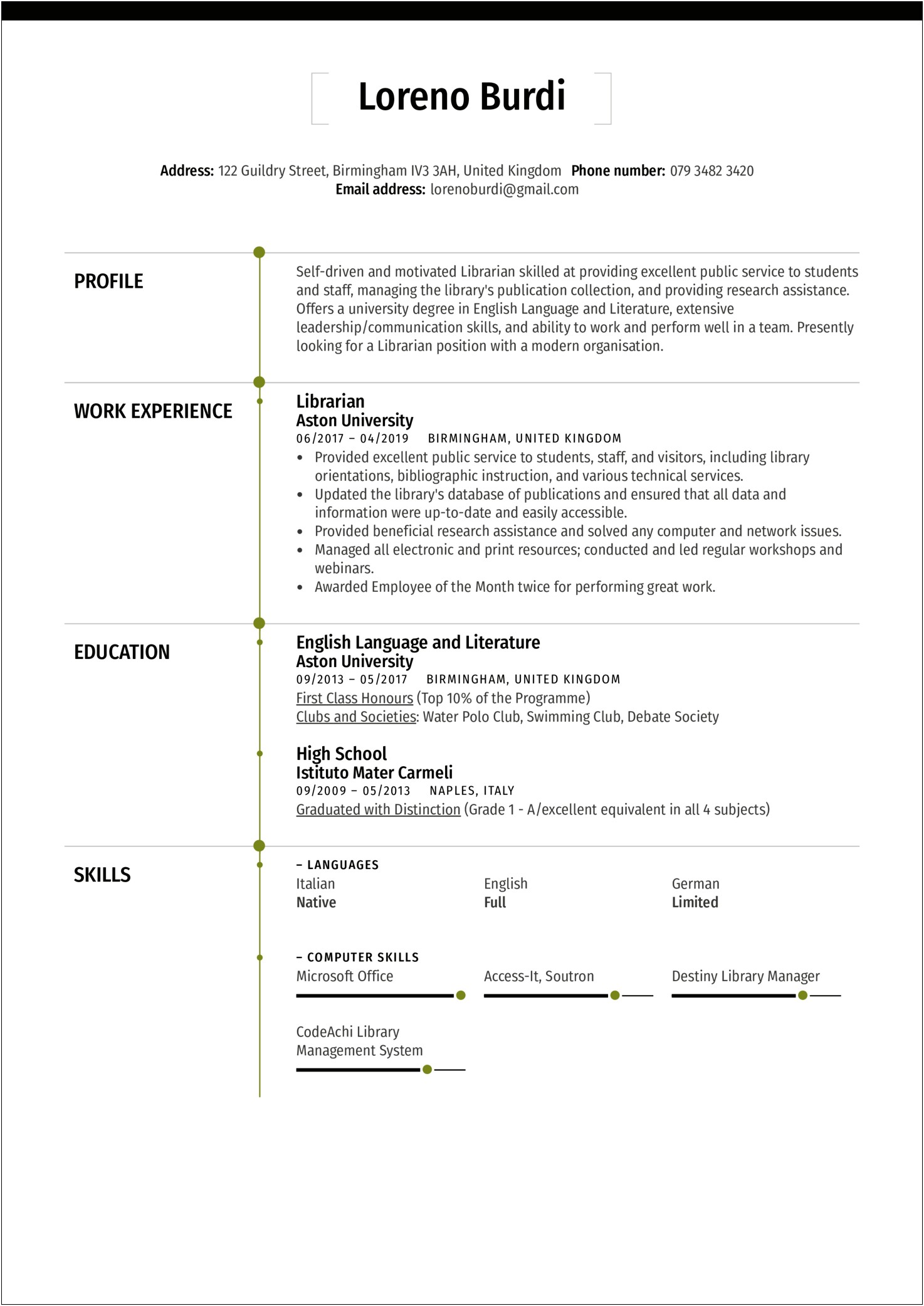 Sample Professional Profiles For Public Librarian Resume