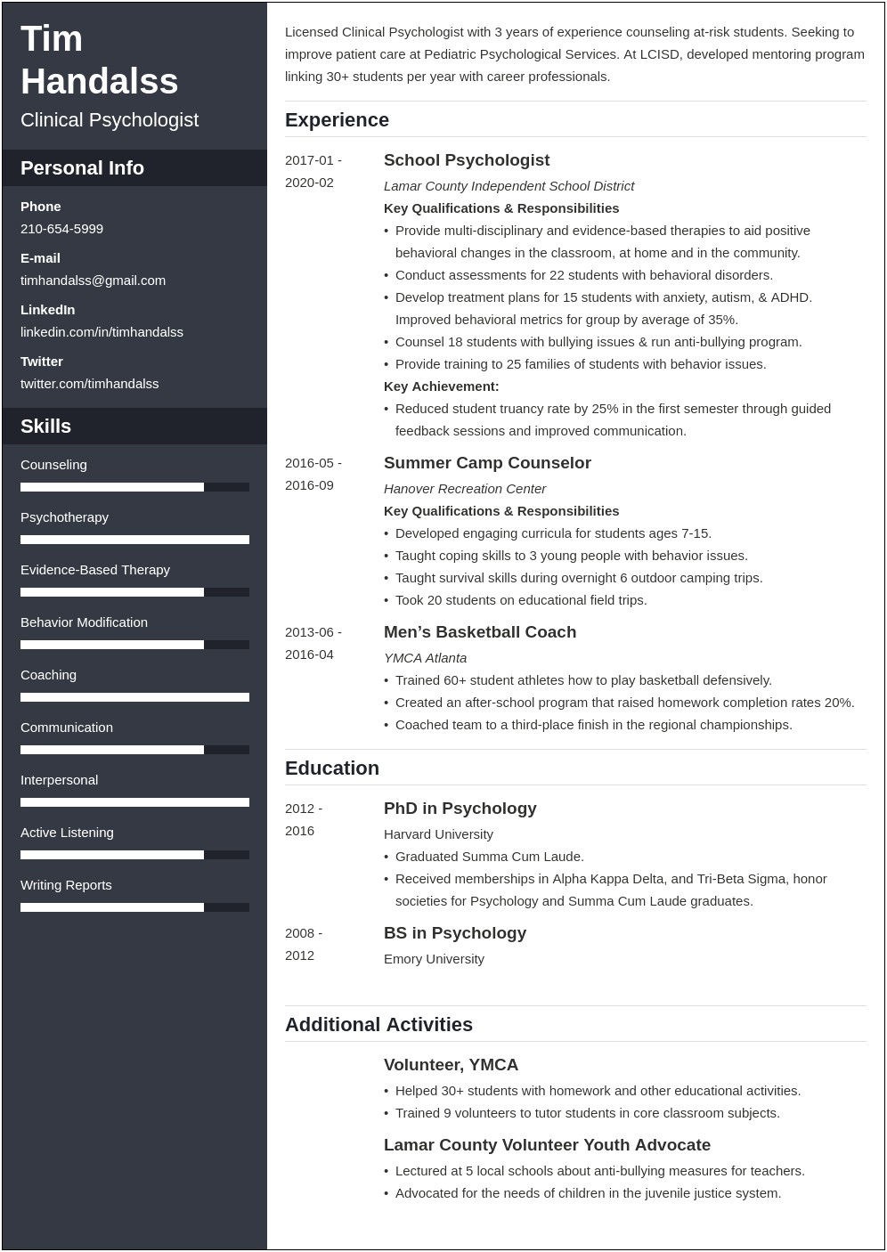 Sample Profile For Psychology Resume Objective
