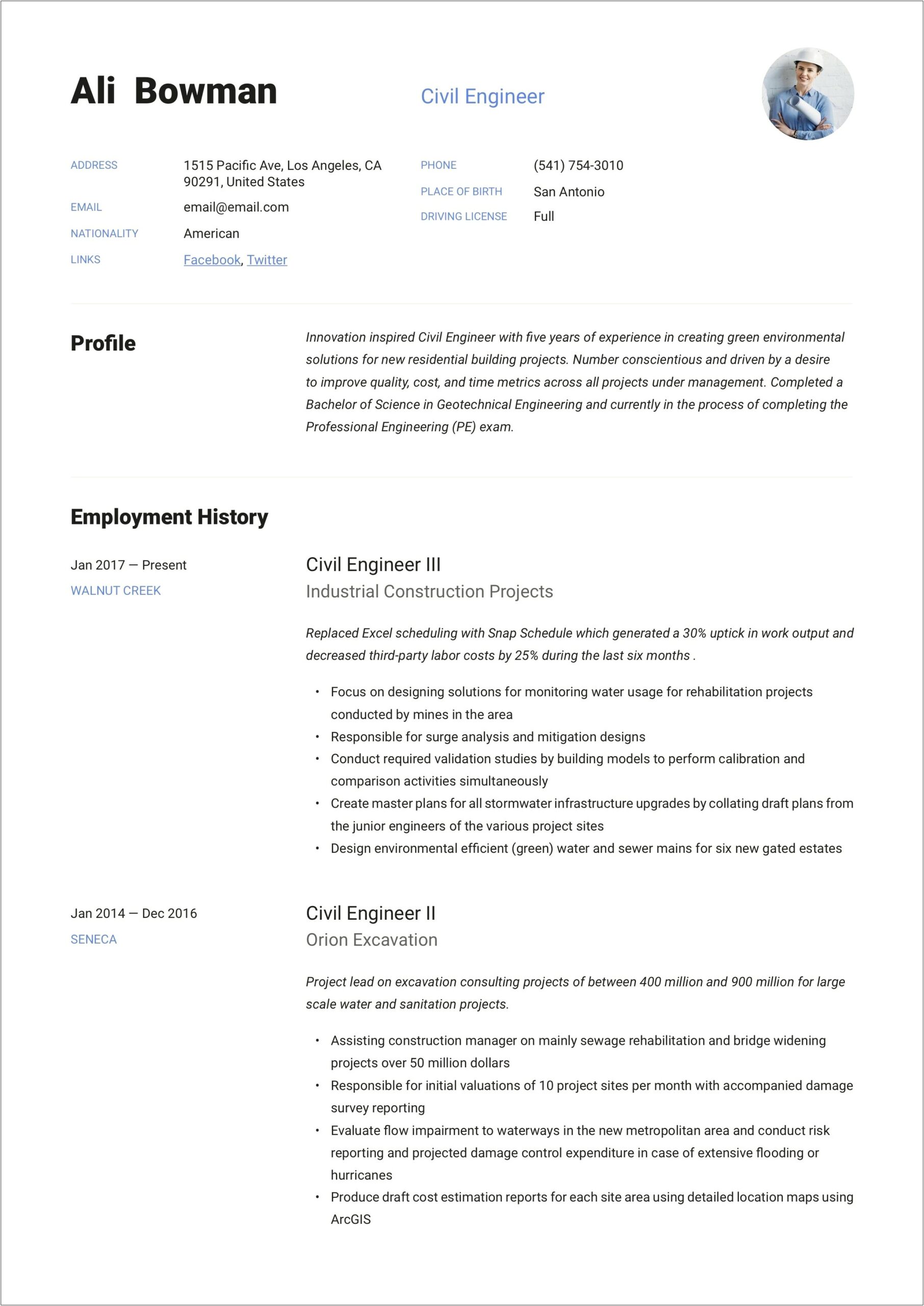 Sample Project Manager Civil Engineering Resumes