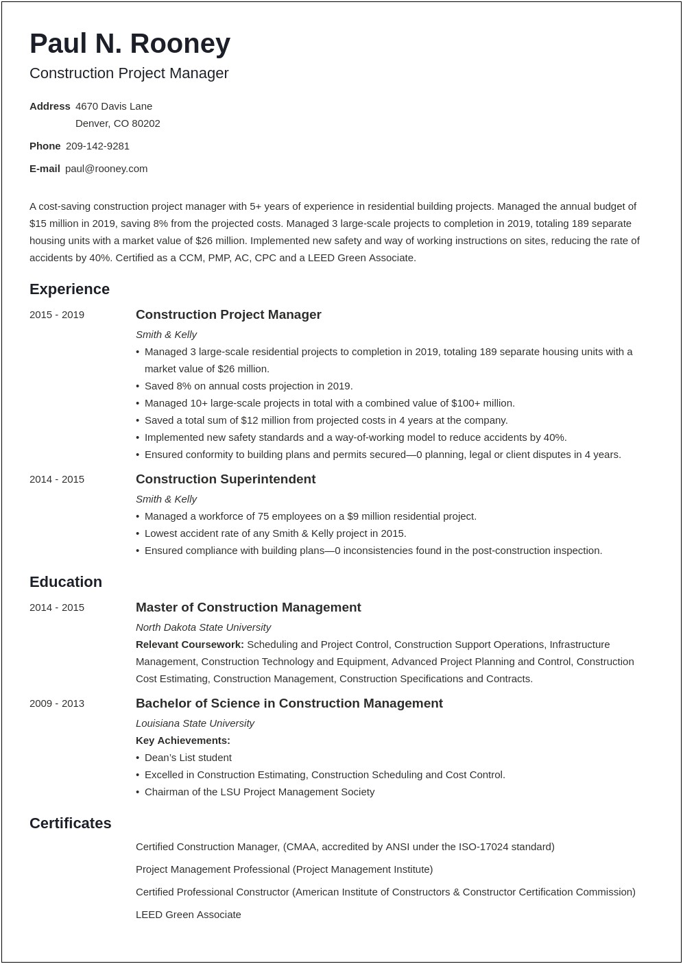 Sample Project Manager Construction Procurement Resume