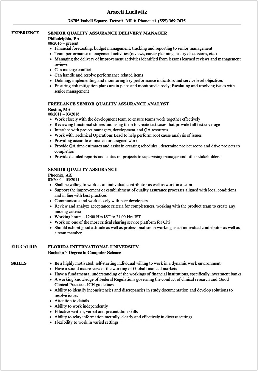 Sample Qa Resume With Insurance Experience