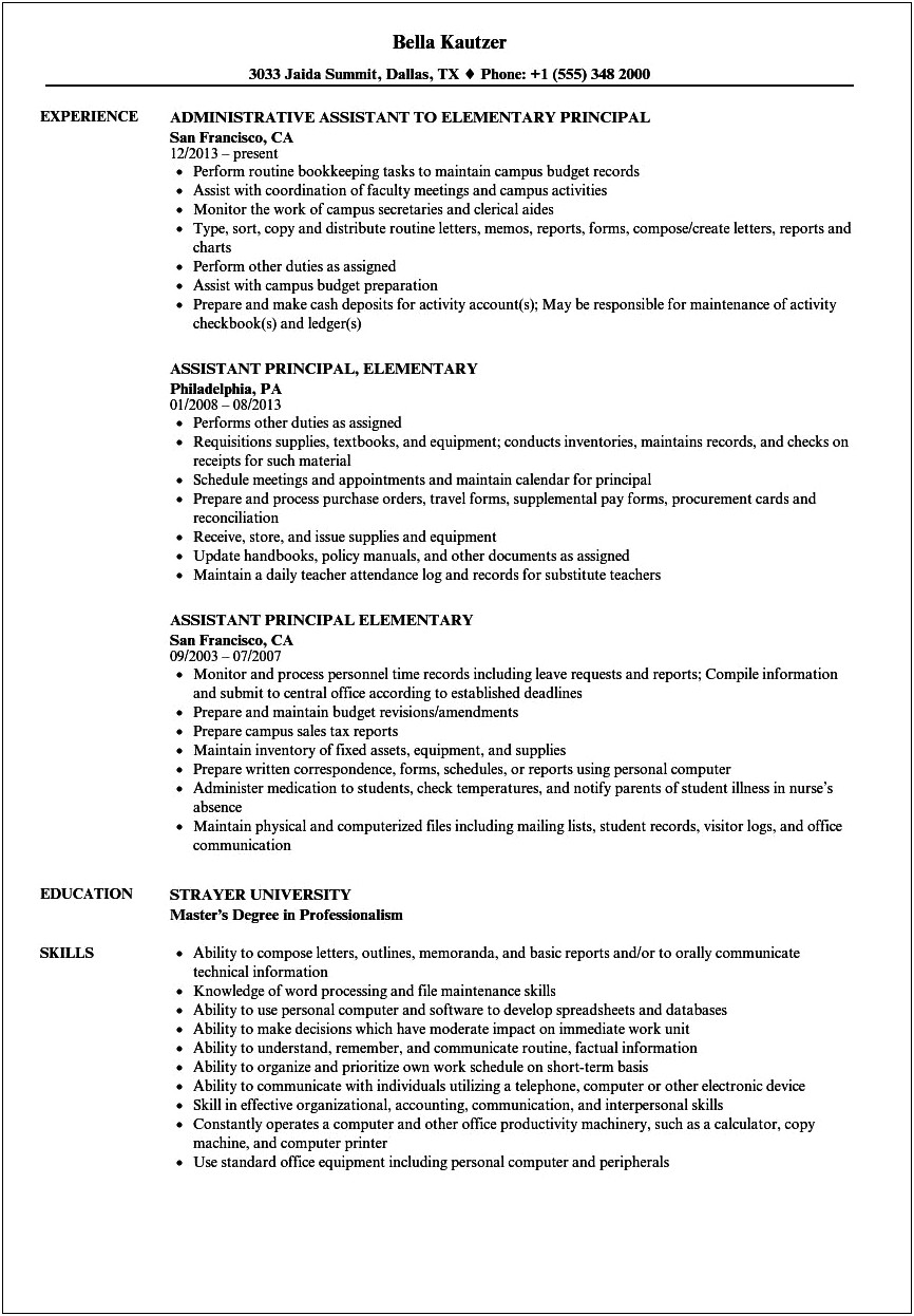 Sample Resume Acting Elementary School Principal