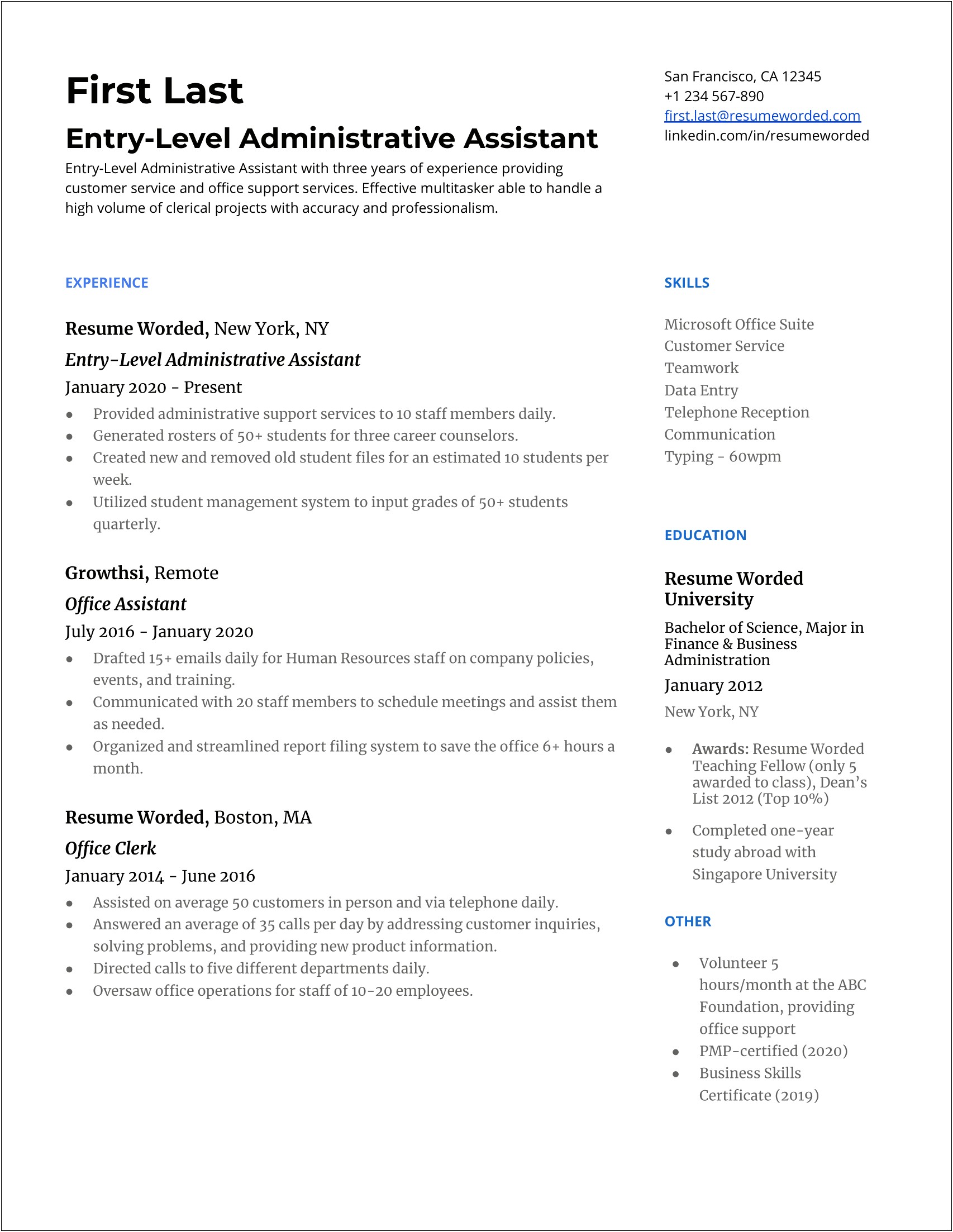 Sample Resume Administrative Assistant Entry Level