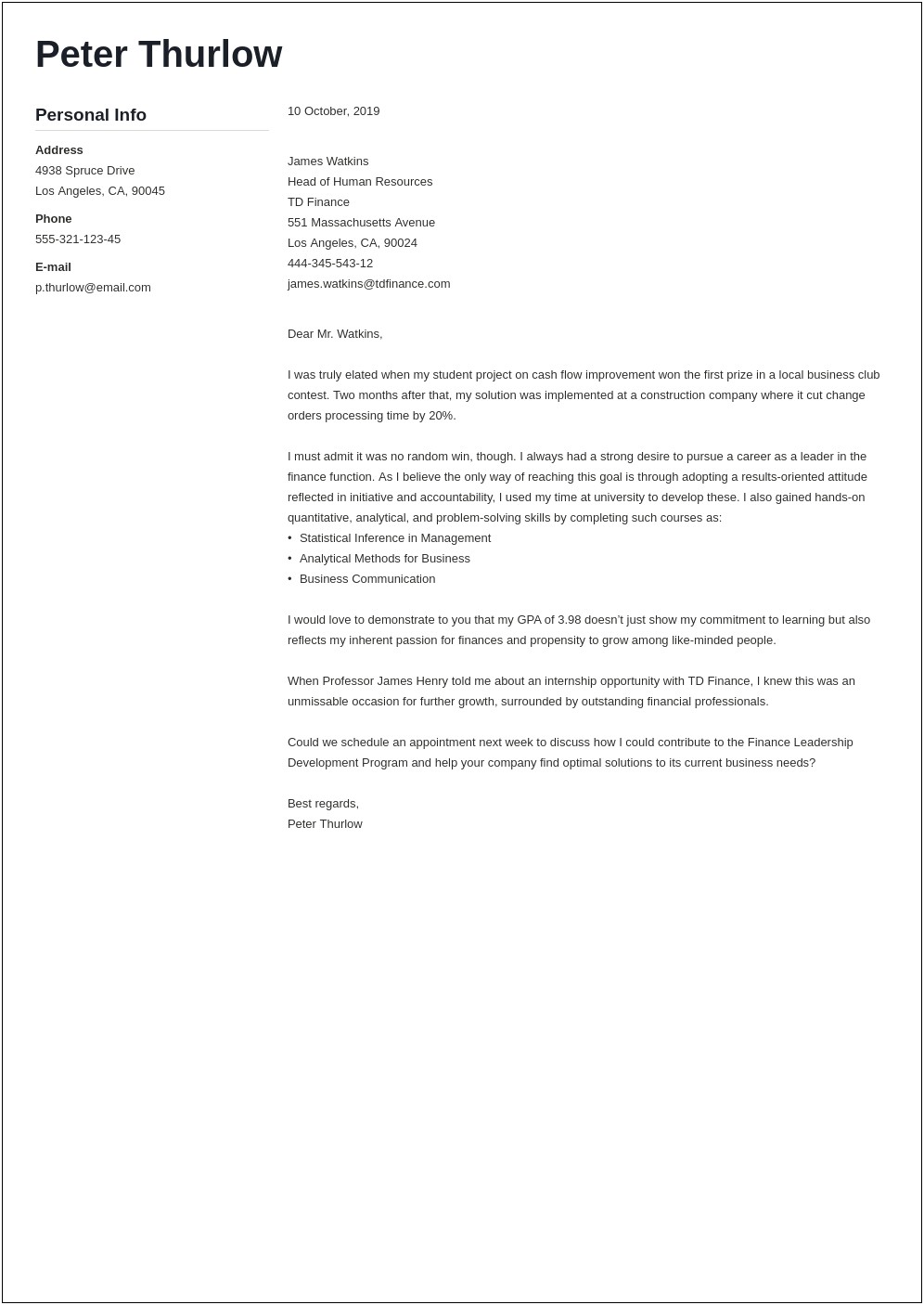 Sample Resume And Cover Letter For Internship