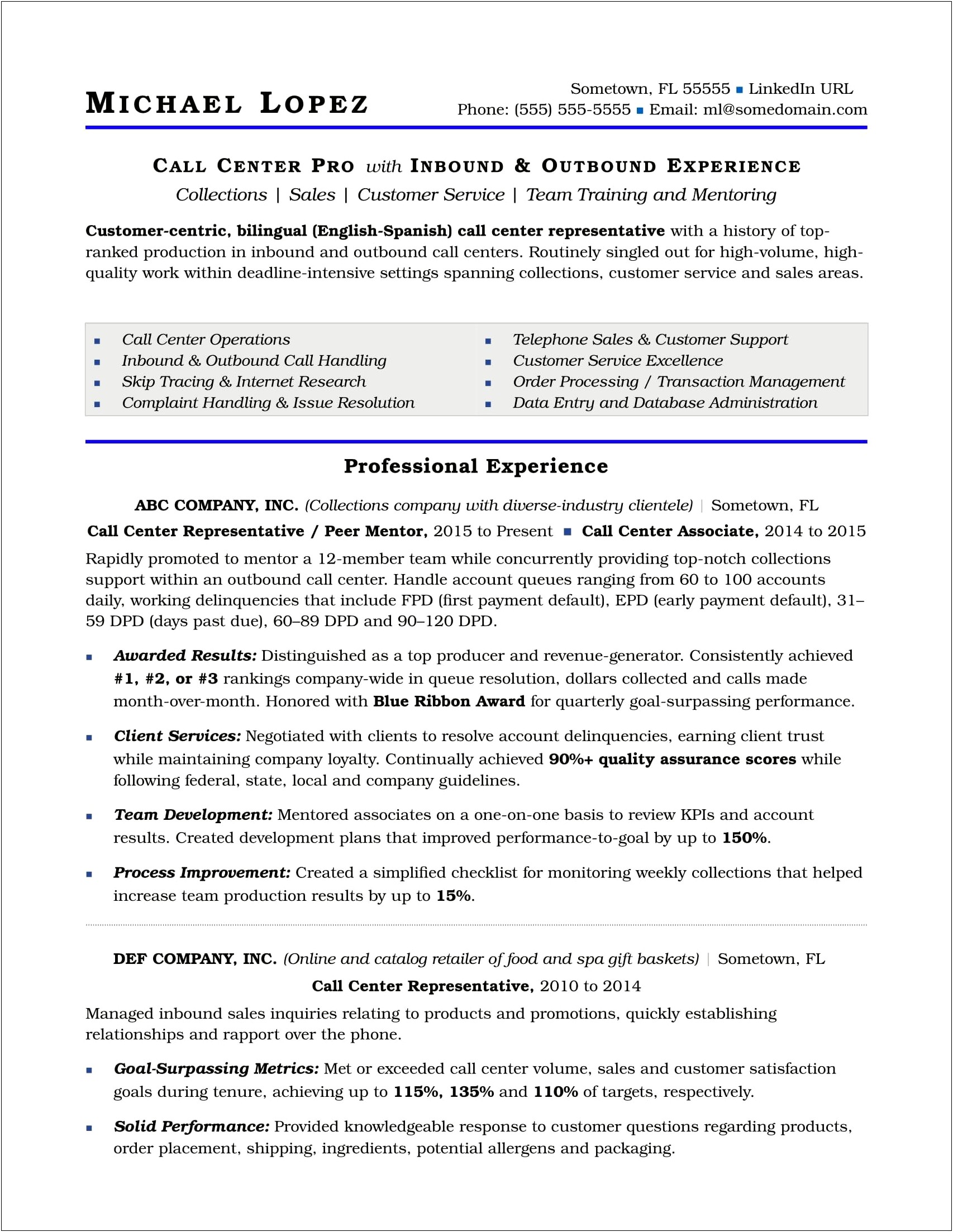 Sample Resume Call Center No Experience