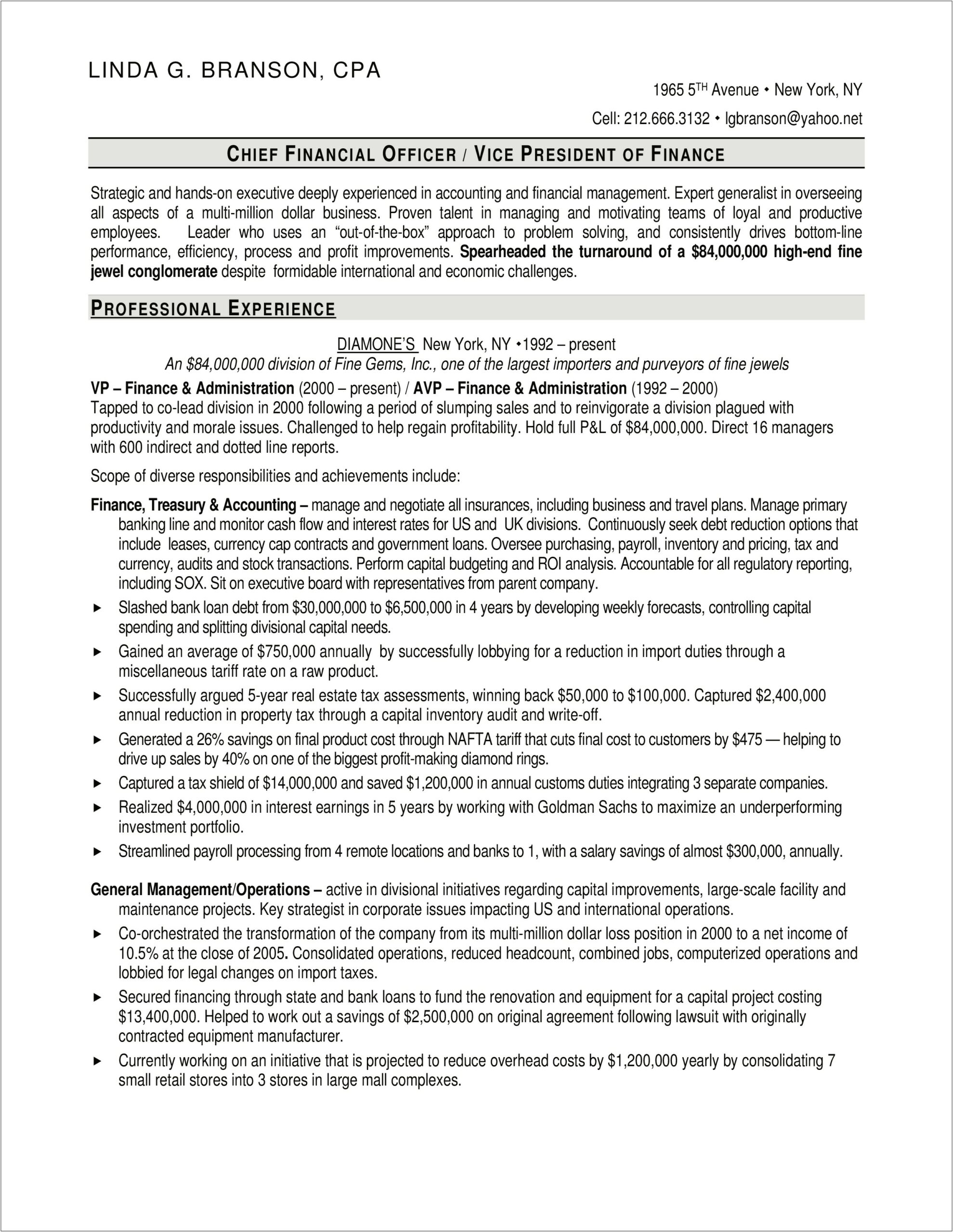 Sample Resume Chief Financial Officer Position