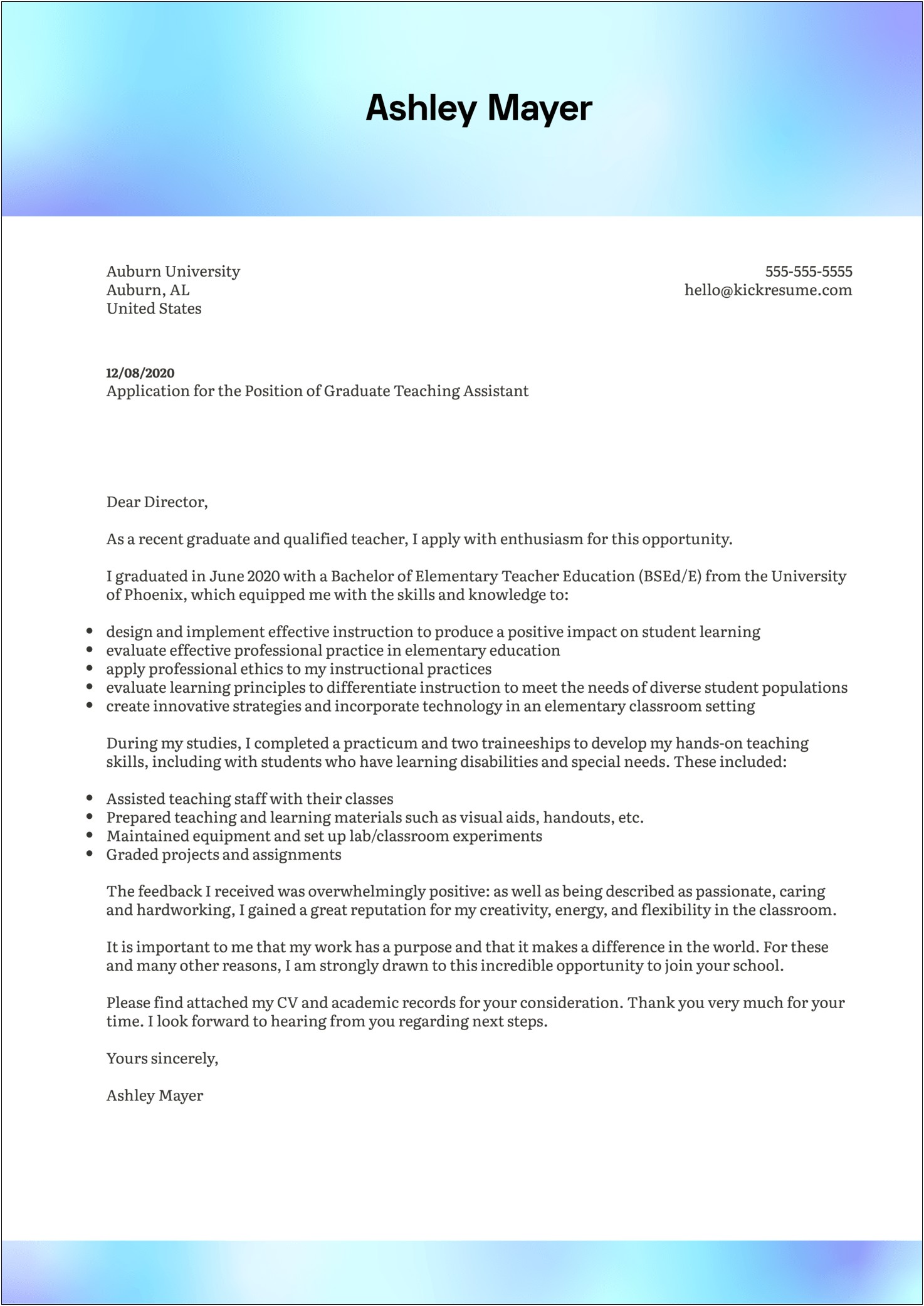 Sample Resume Cover Letter For Recent College Graduate