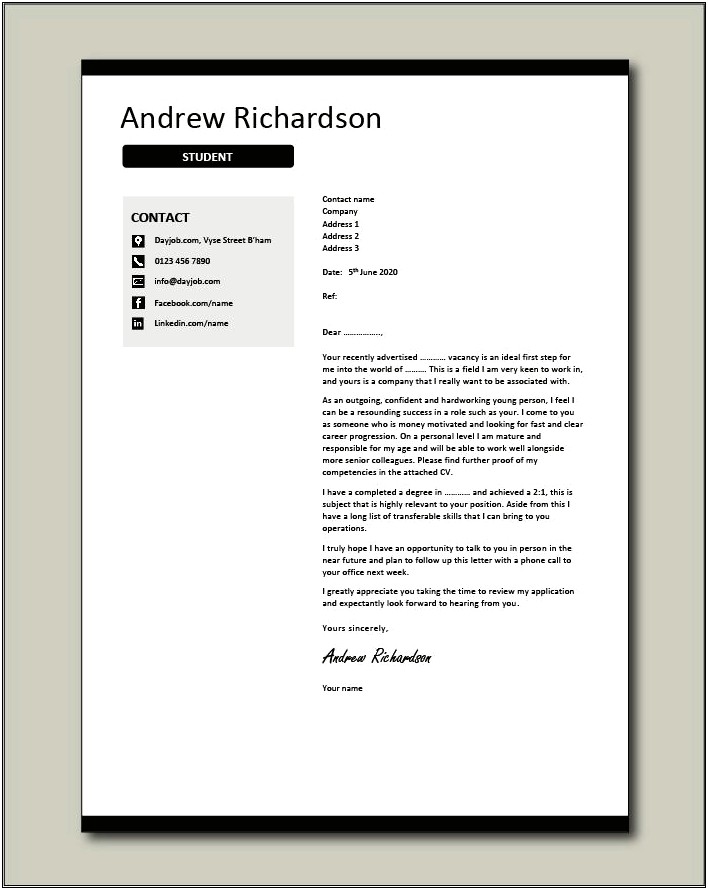 Sample Resume Cover Letters For Internships