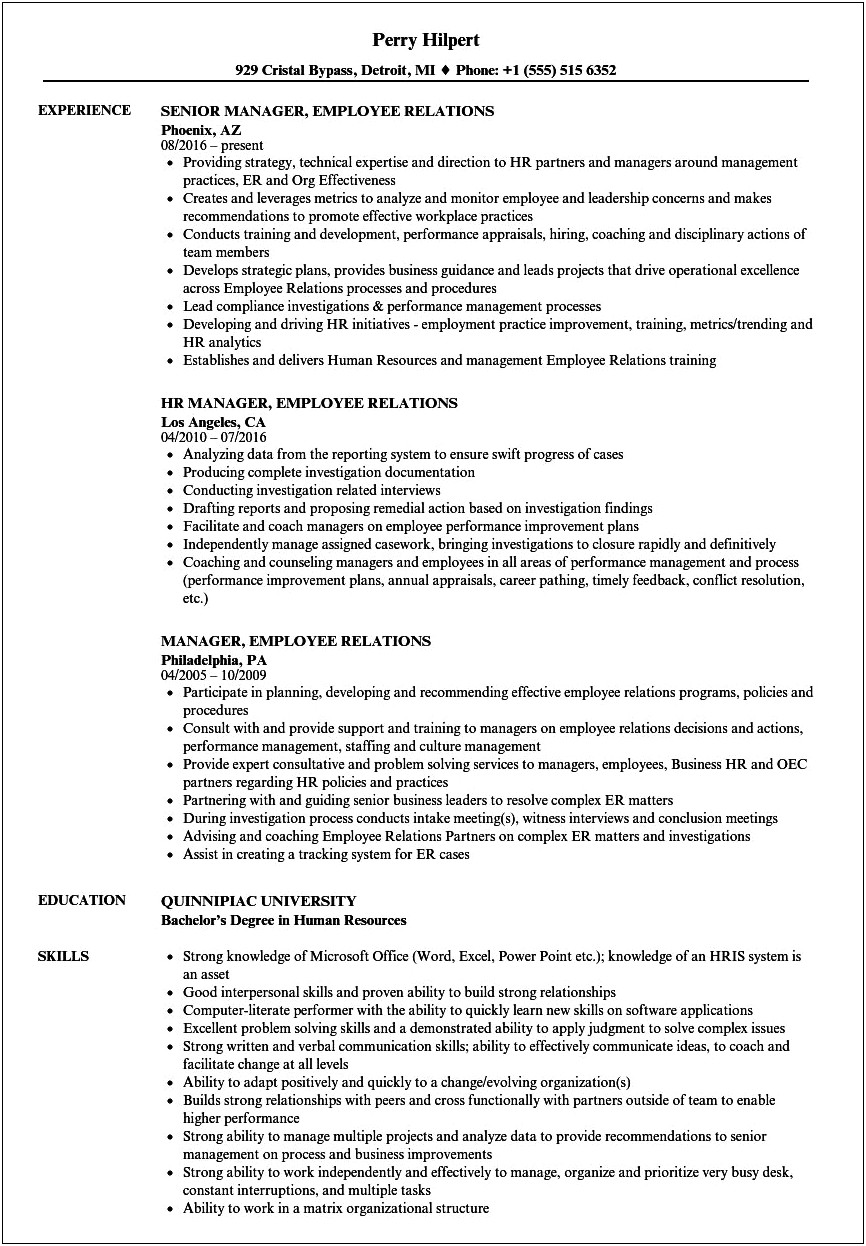 Sample Resume Descriptions For Managing Employees