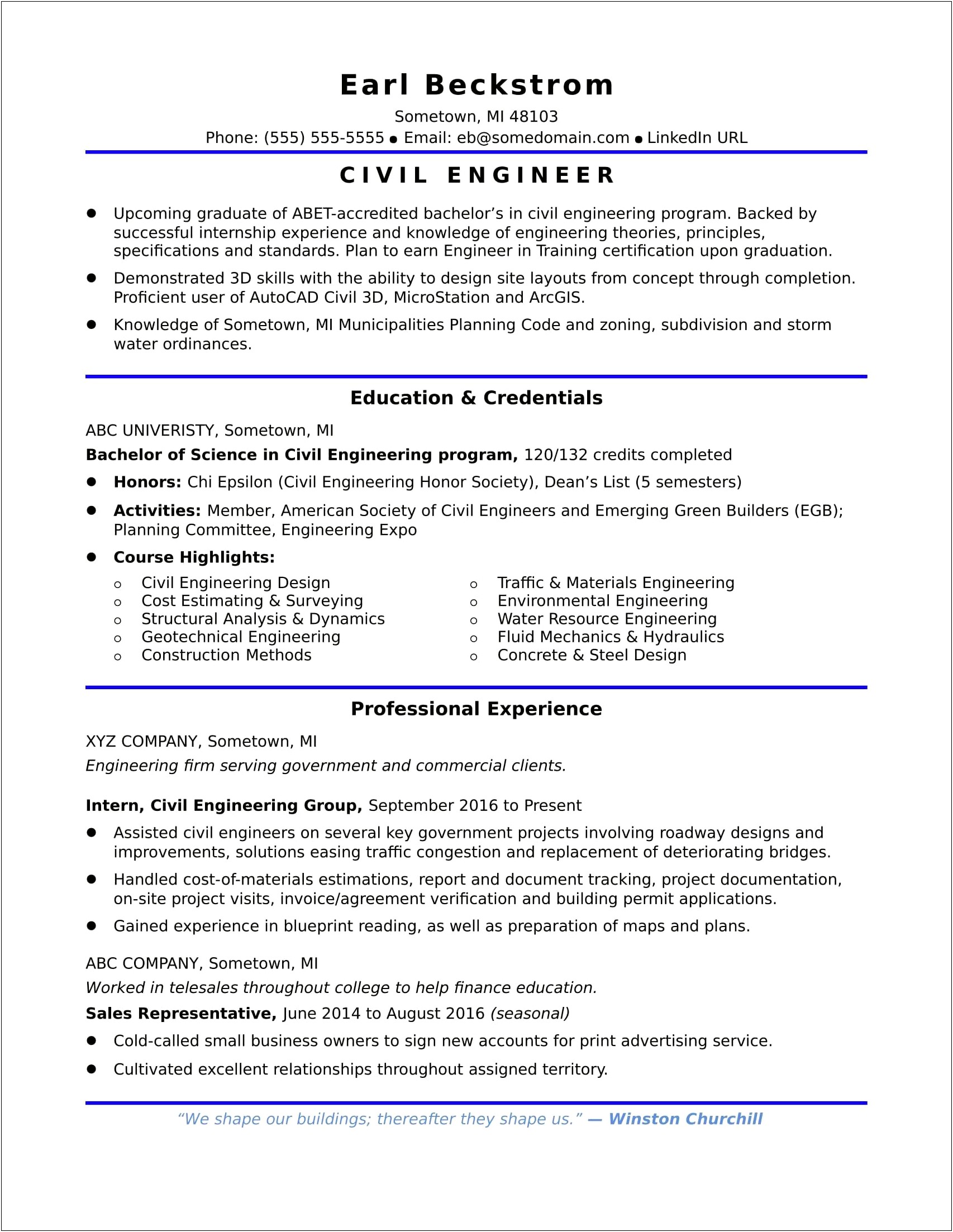 Sample Resume Engineer Entry Level