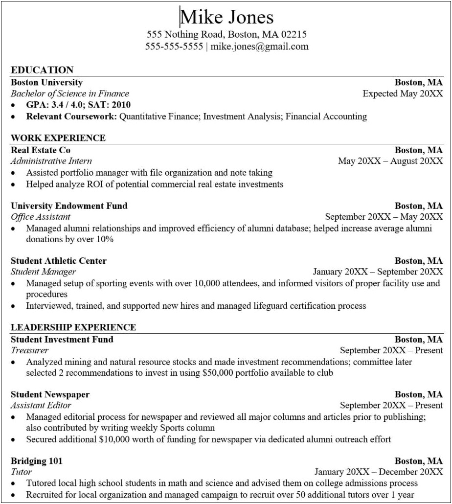 Sample Resume Entry For Private Equity Internship