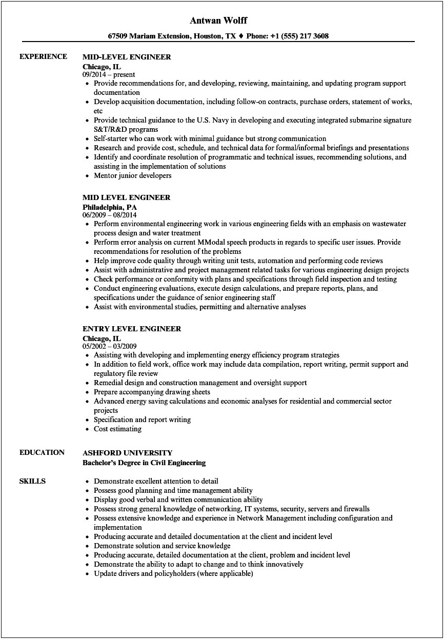 Sample Resume Entry Level Civil Engineer