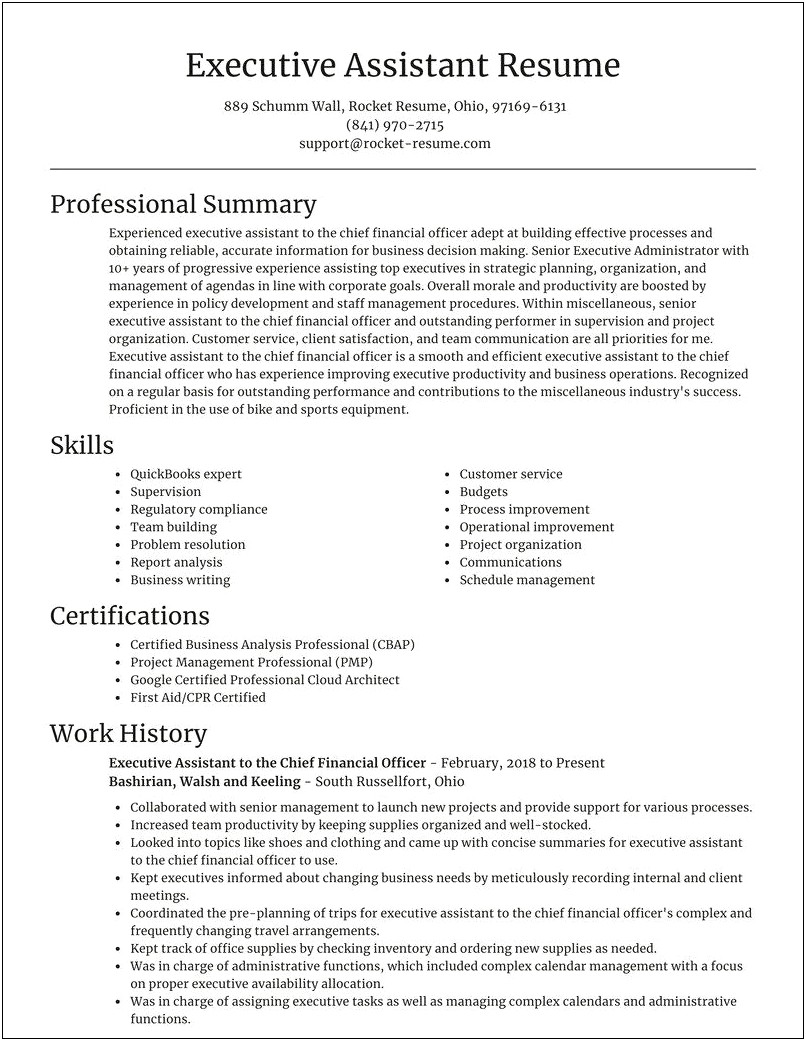 Sample Resume Executive Assistant To Cfo