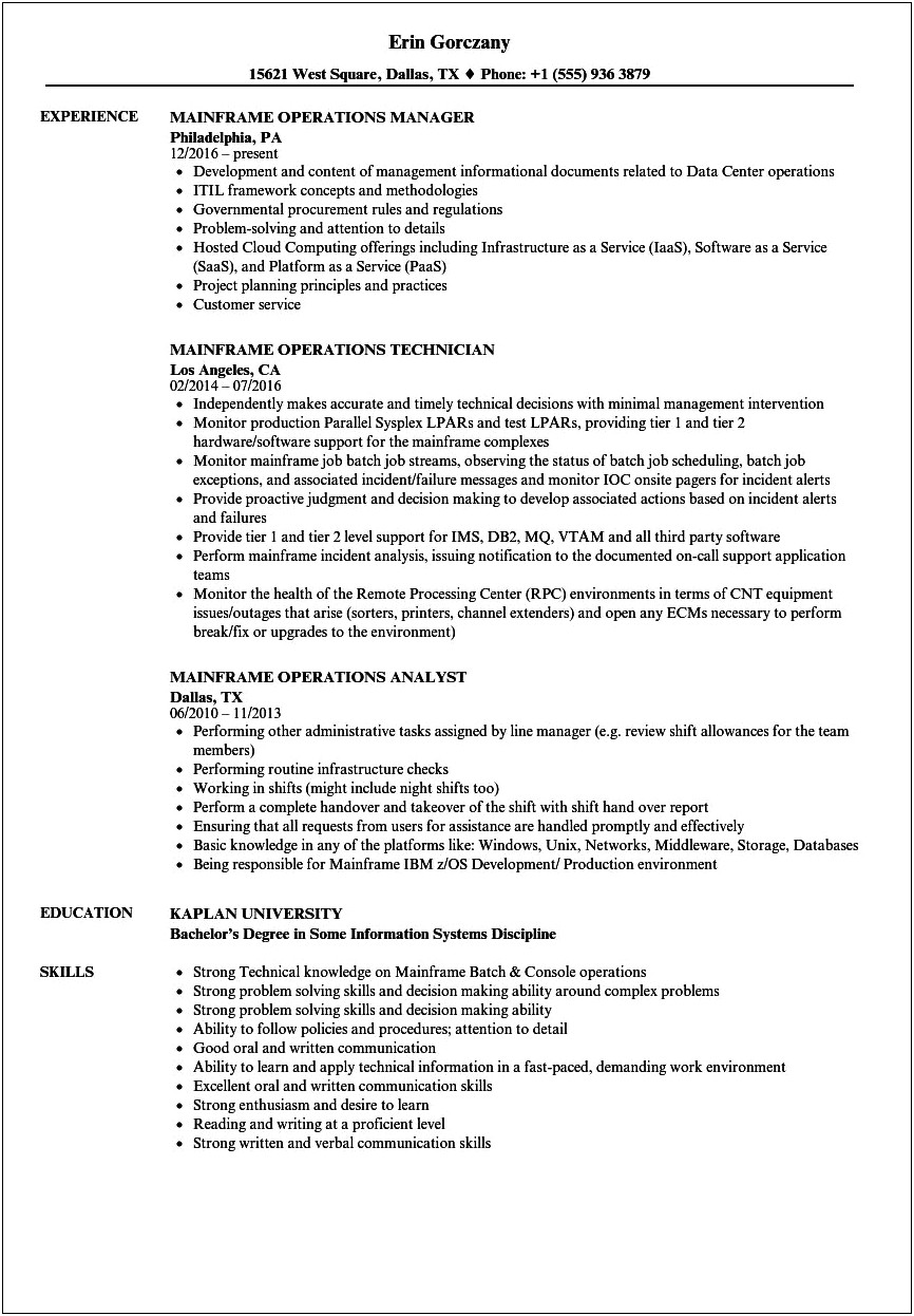 Sample Resume For 2 Years Experience In Mainframe