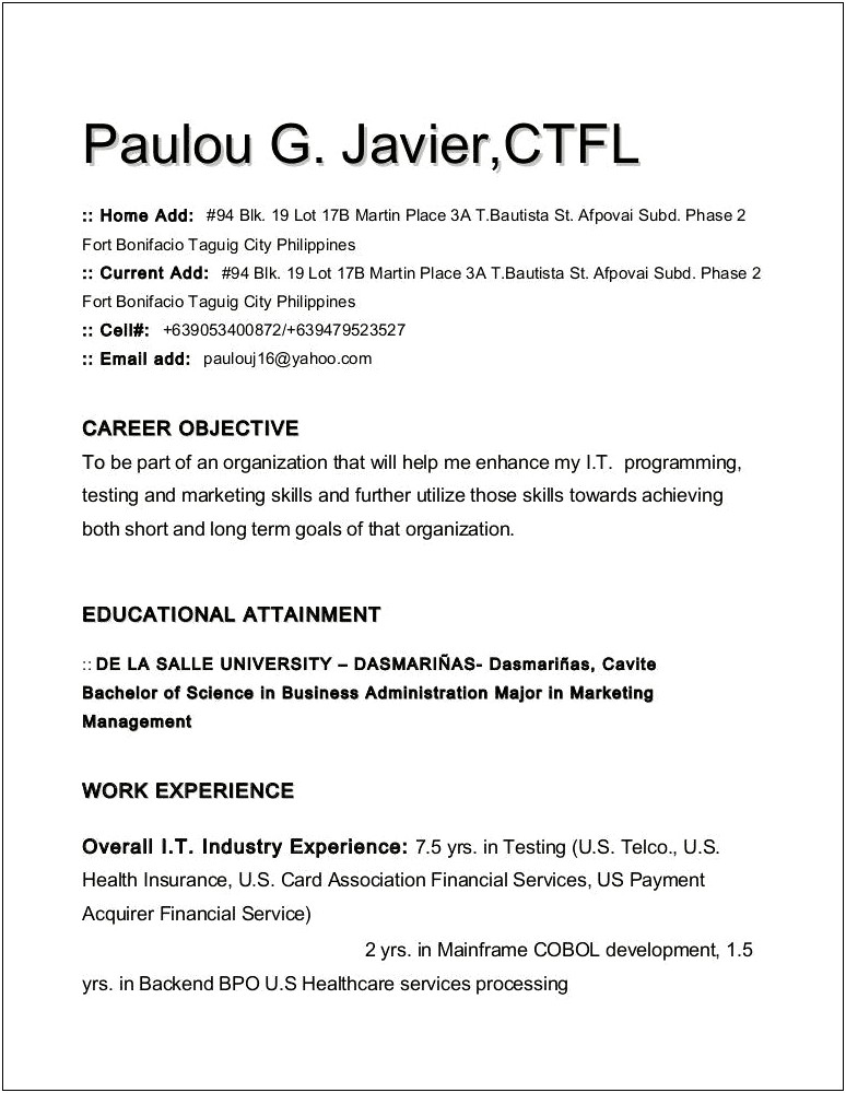 Sample Resume For 2 Years Experienced Mainframe Support