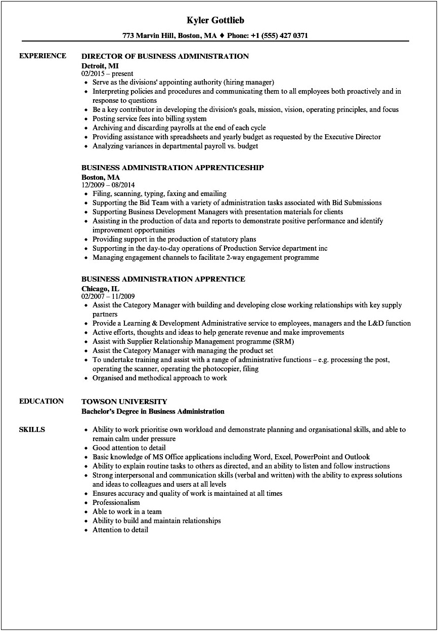 Sample Resume For A Business Administration Graduate