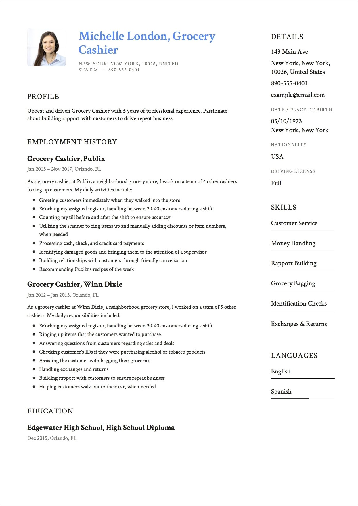 Sample Resume For A Cashier At Grocery Store