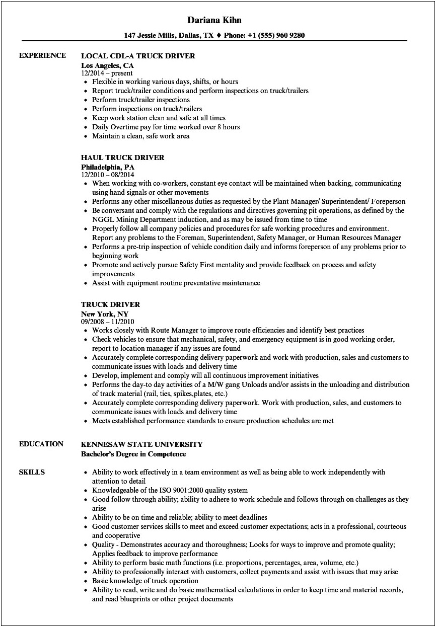 Sample Resume For A Cdl Truck Driver
