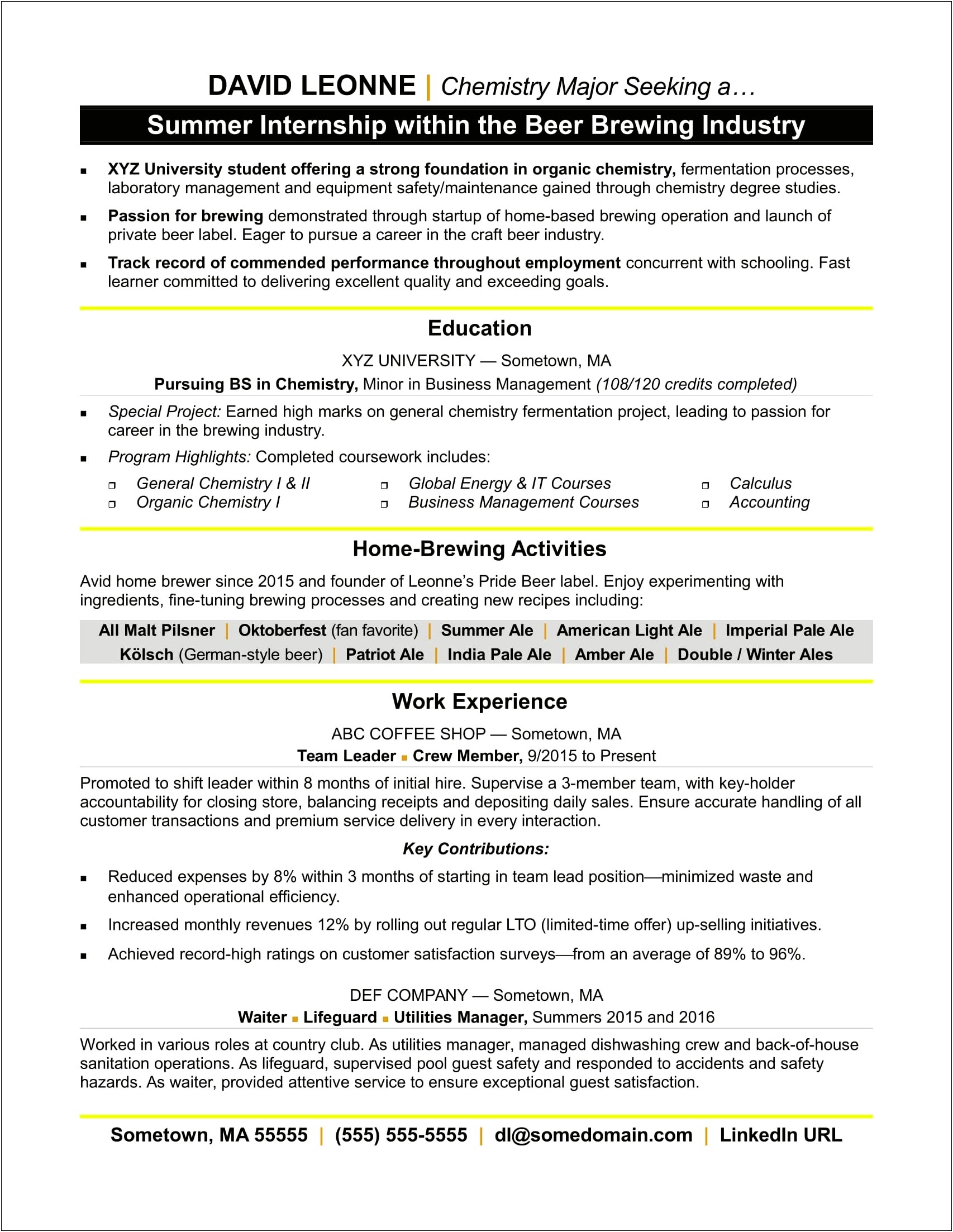 Sample Resume For A College Student Internship