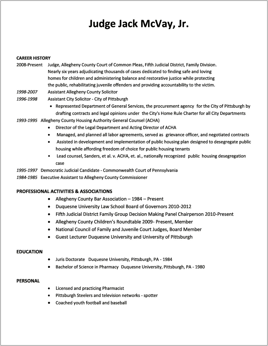 Sample Resume For A Court Judge
