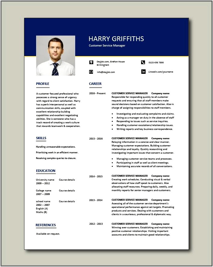 Sample Resume For A Customer Service
