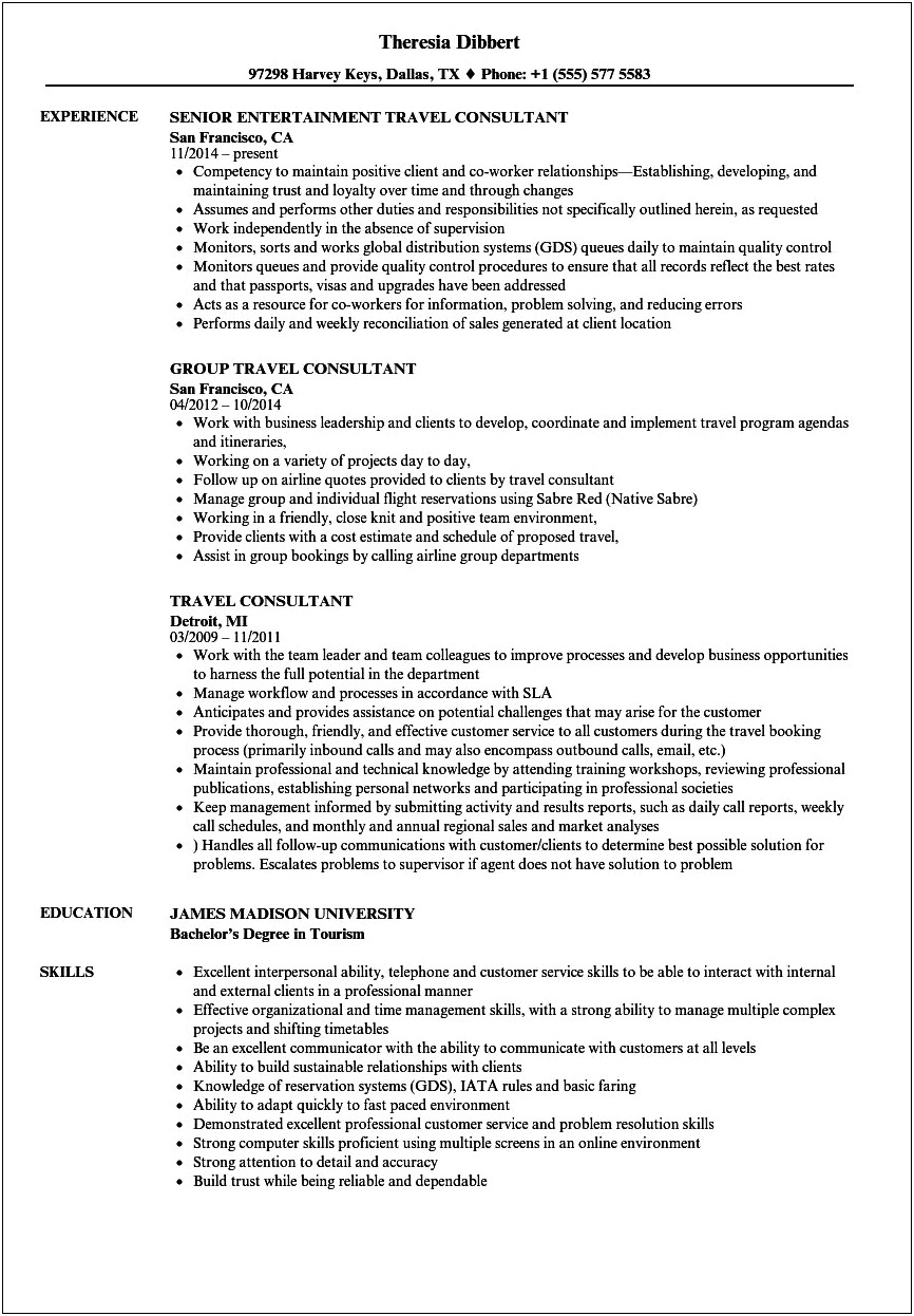 Sample Resume For A Entry Level Travel Consultant