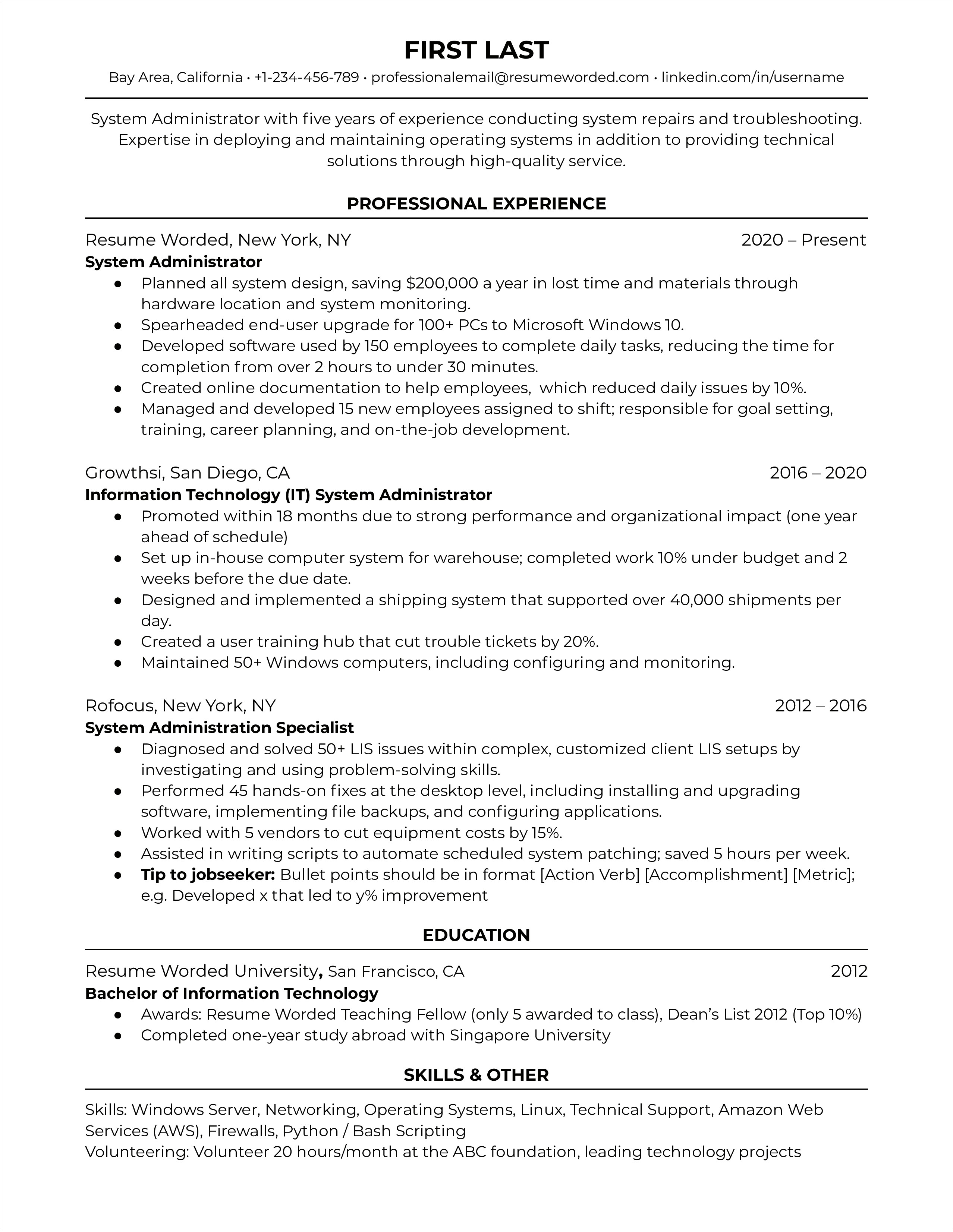 Sample Resume For A Junior It System Support