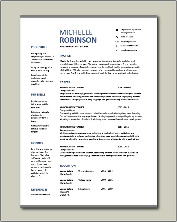 Sample Resume For A Kindergarten Teacher