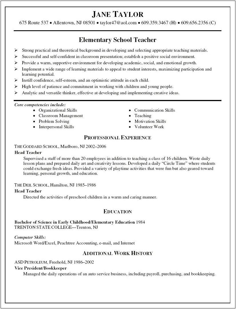 Sample Resume For A New Elementary School Teacher