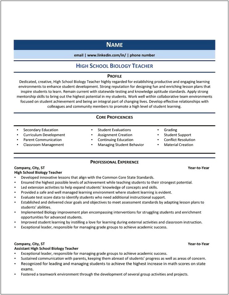 Sample Resume For A Science Teacher