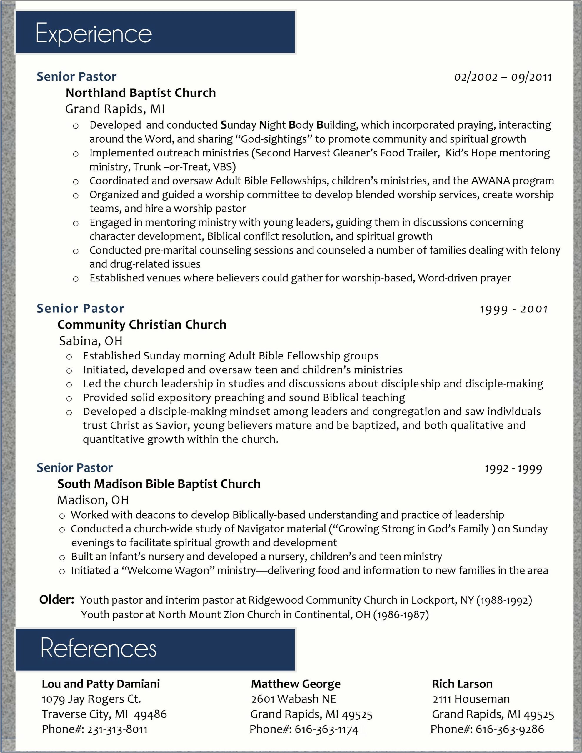 Sample Resume For A Senior Pastor