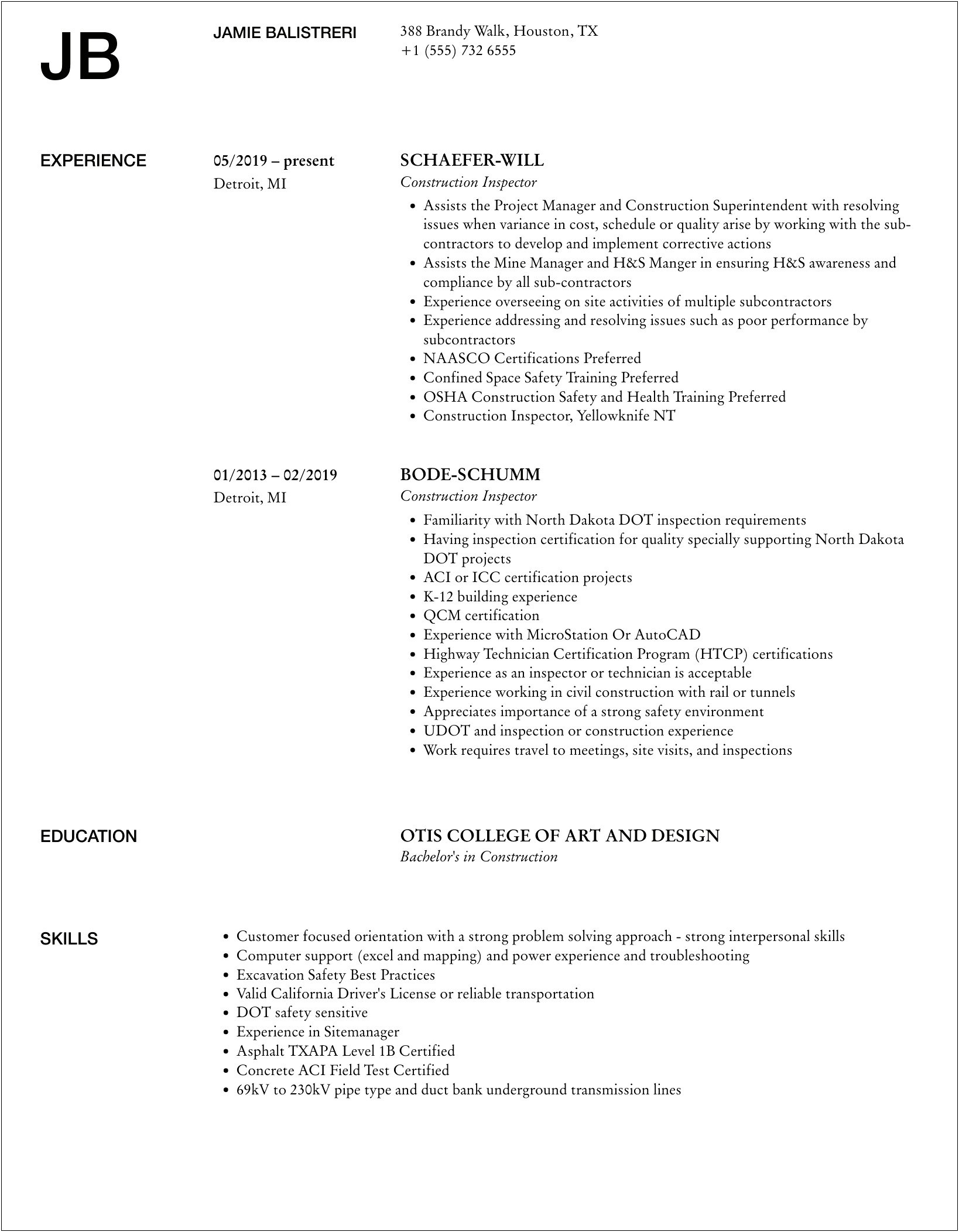 Sample Resume For A Site Inspector Instructor
