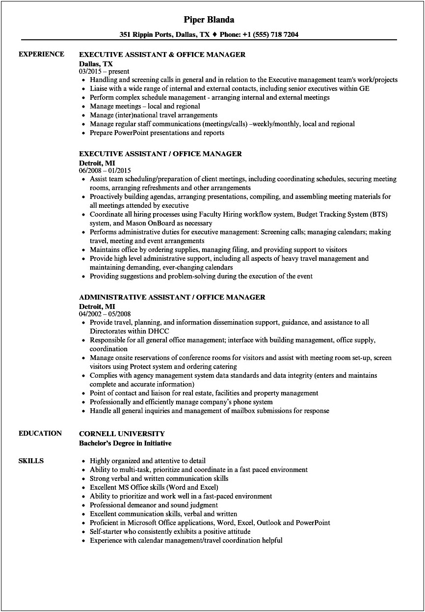 Sample Resume For Administrative Assistant Office Manager