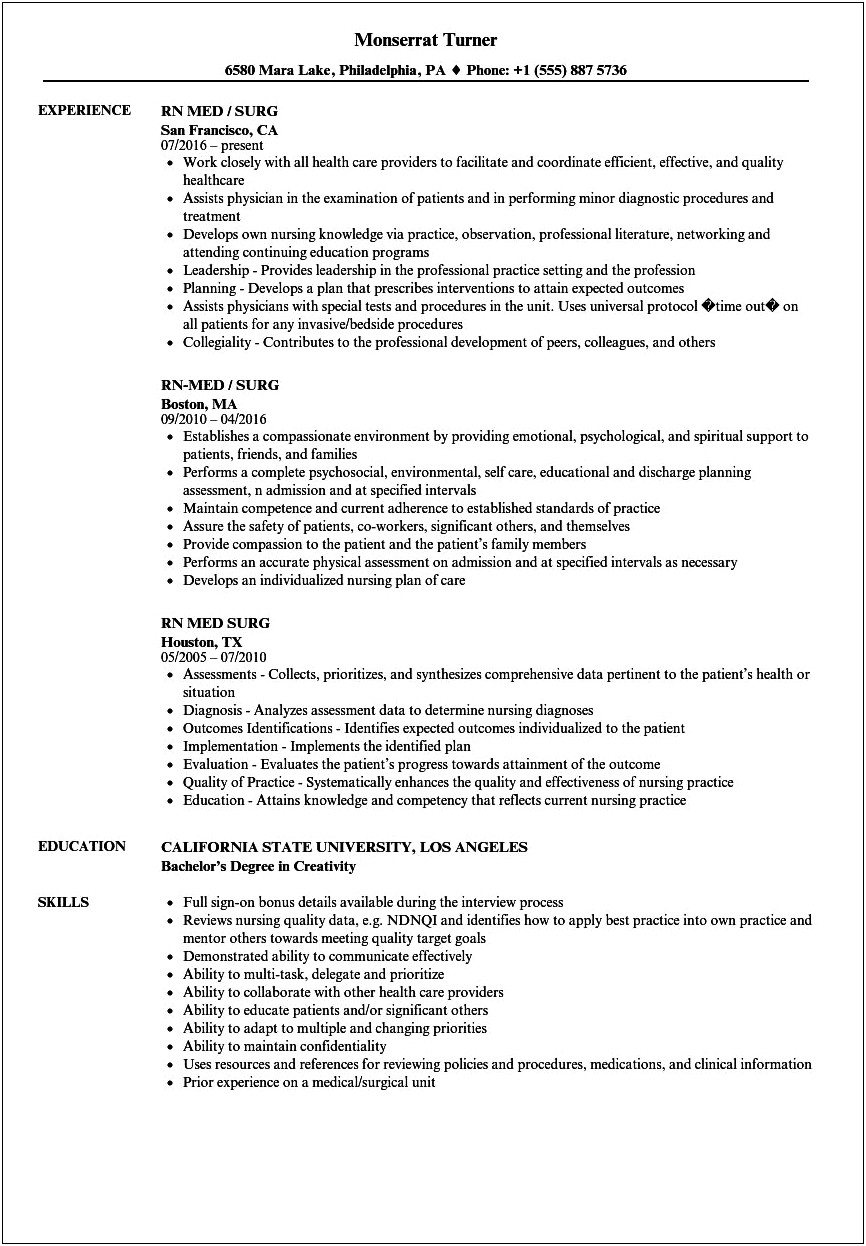 Sample Resume For Adult Med Surg Nurse