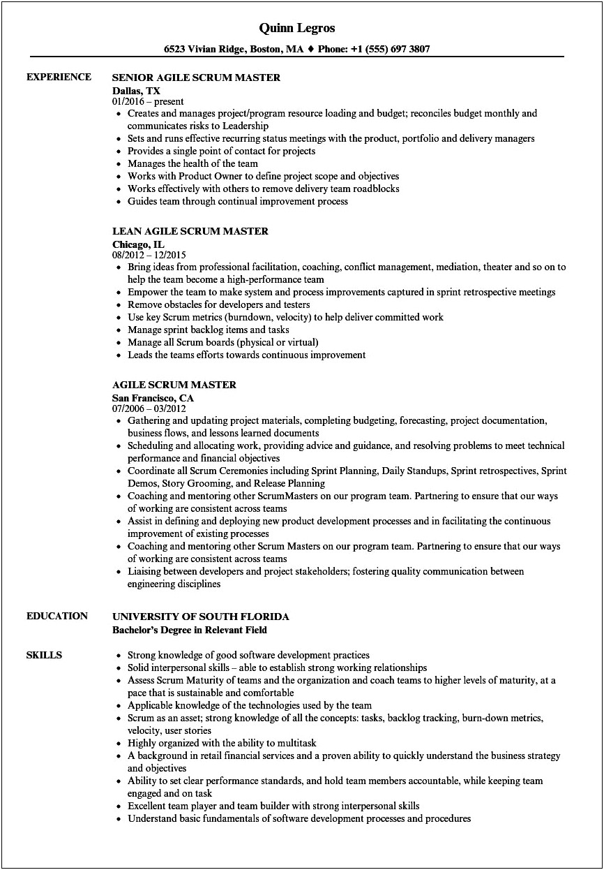 Sample Resume For Agile Scrum Master At Chase