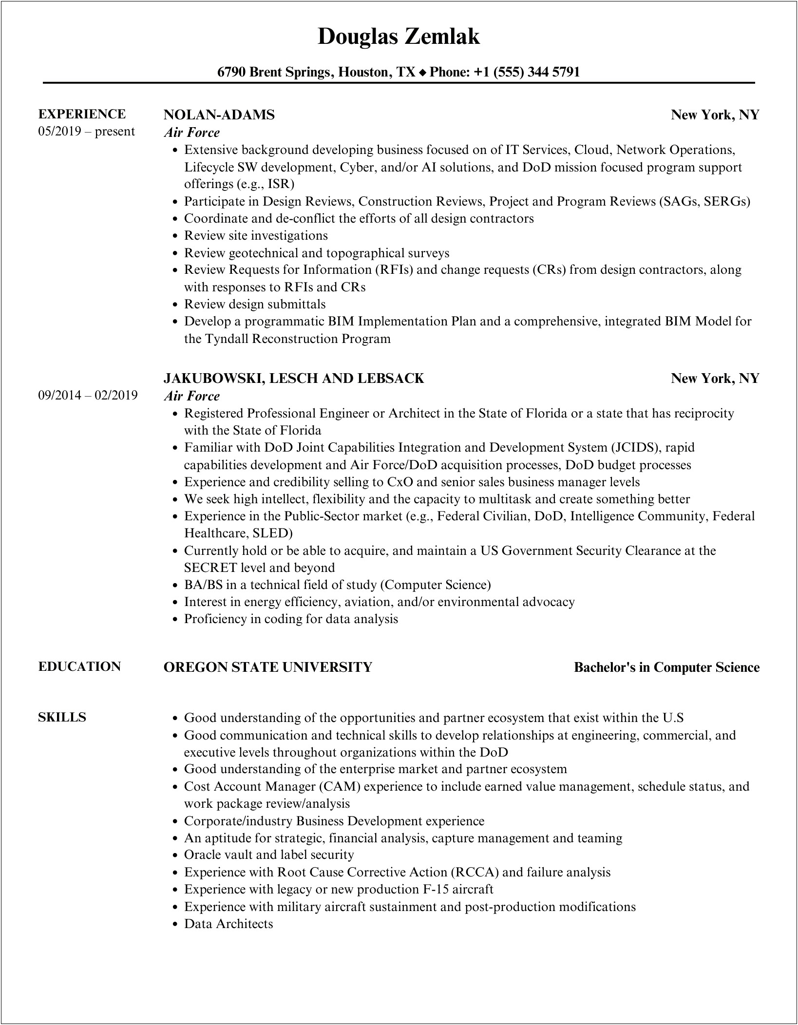 Sample Resume For Air Force Academy