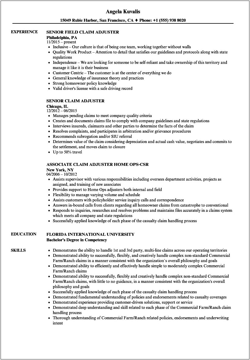 Sample Resume For All Claims Adjusters