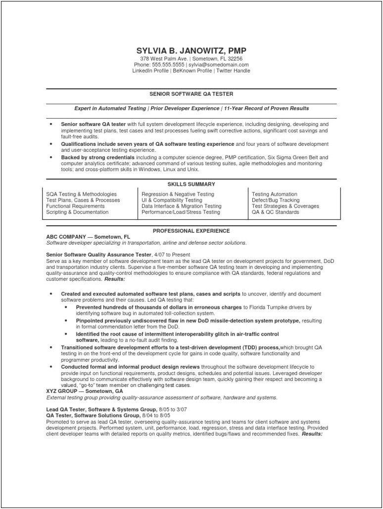 Sample Resume For An Experienced Qa Tester