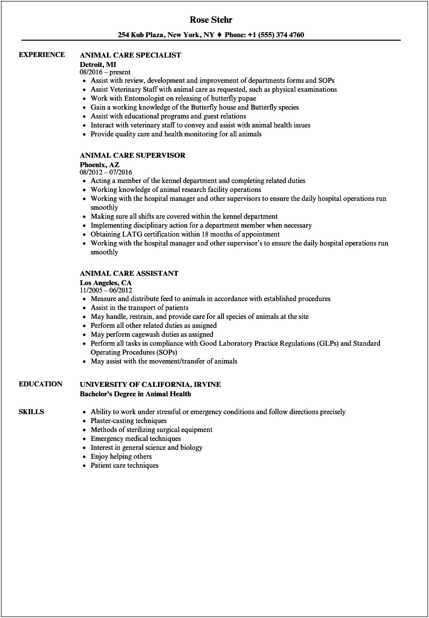 Sample Resume For Animal Care Technician