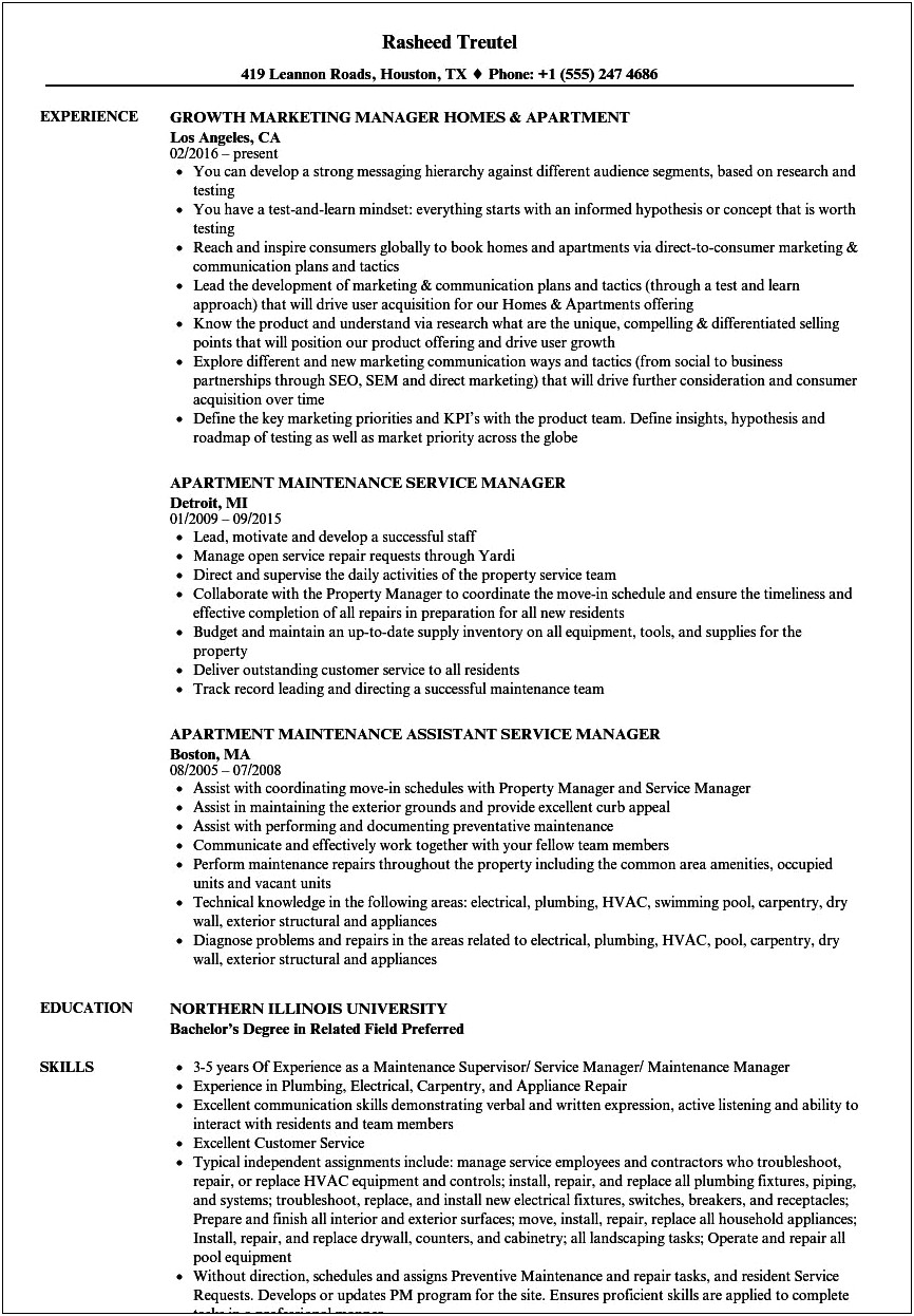 Sample Resume For Apartment Maintenance Worker