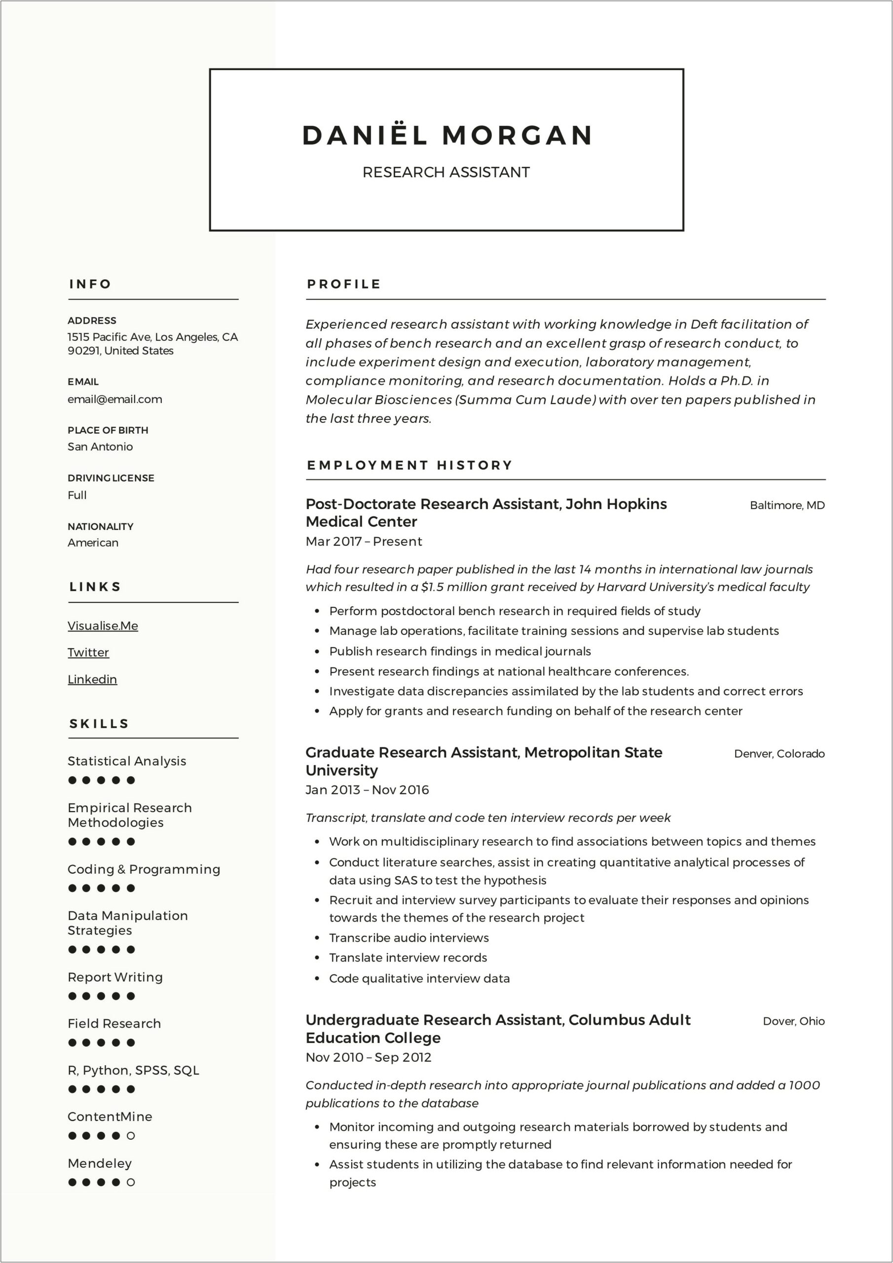 Sample Resume For Applying To A Research Position