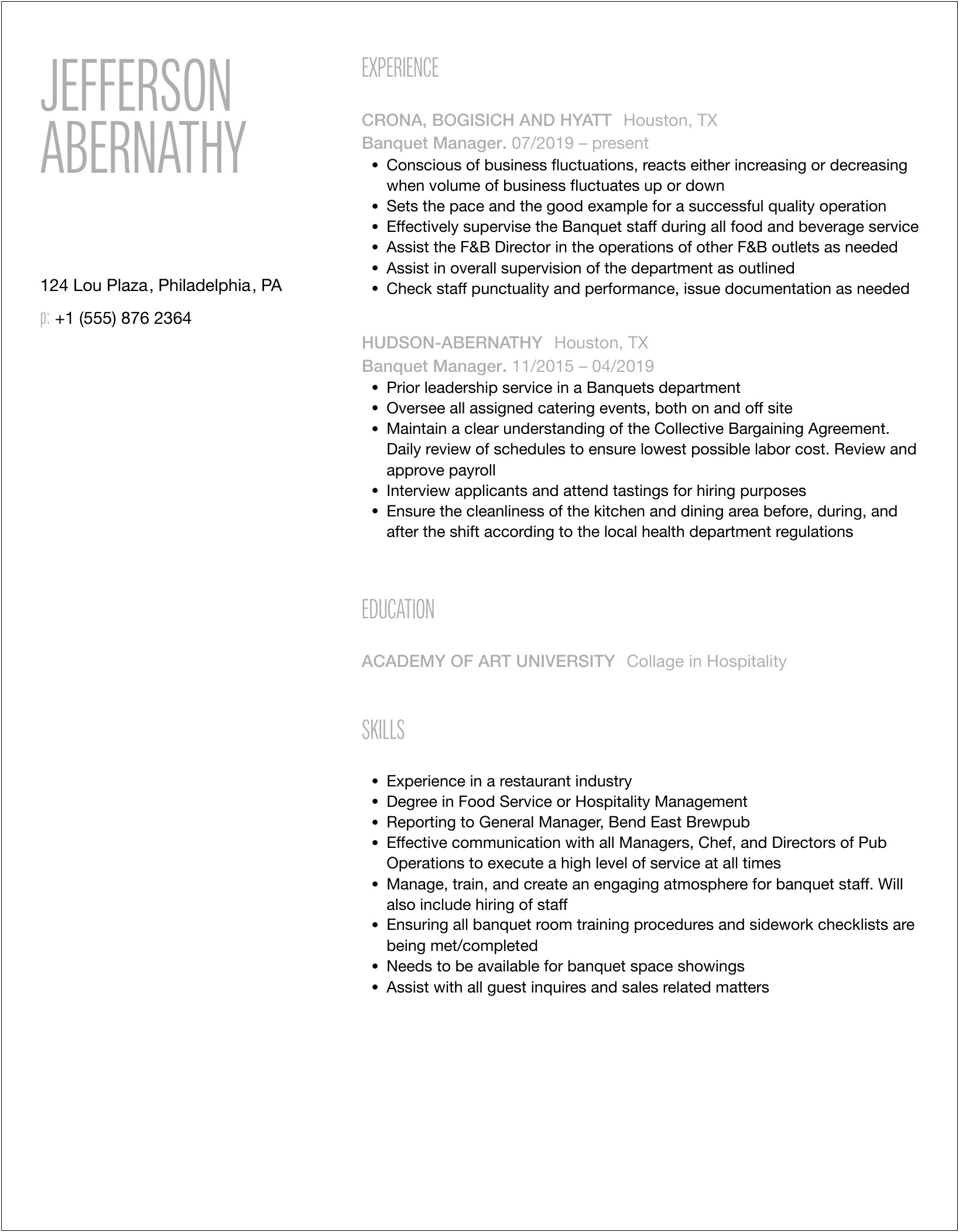 Sample Resume For Assistant Banquet Manager