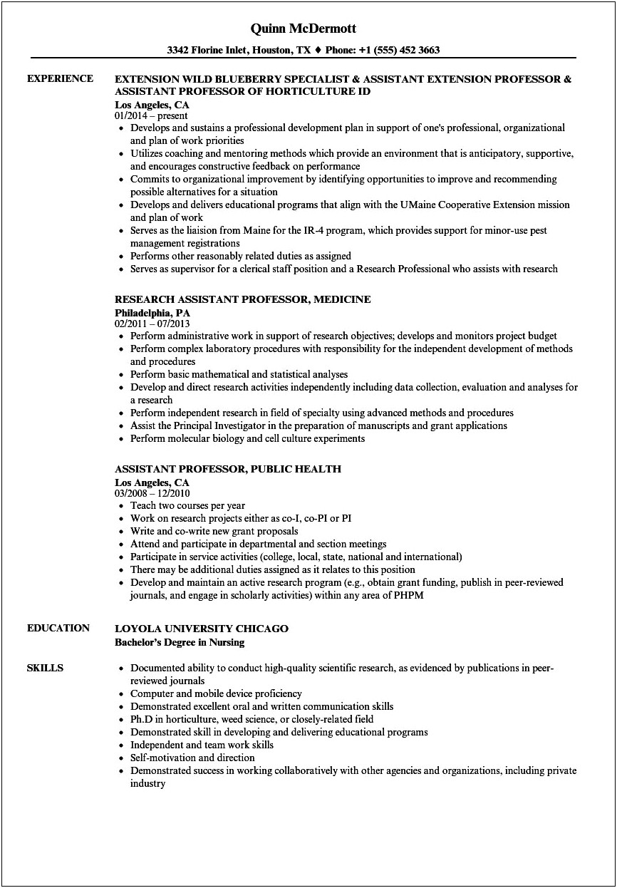 Sample Resume For Assistant Professor Management