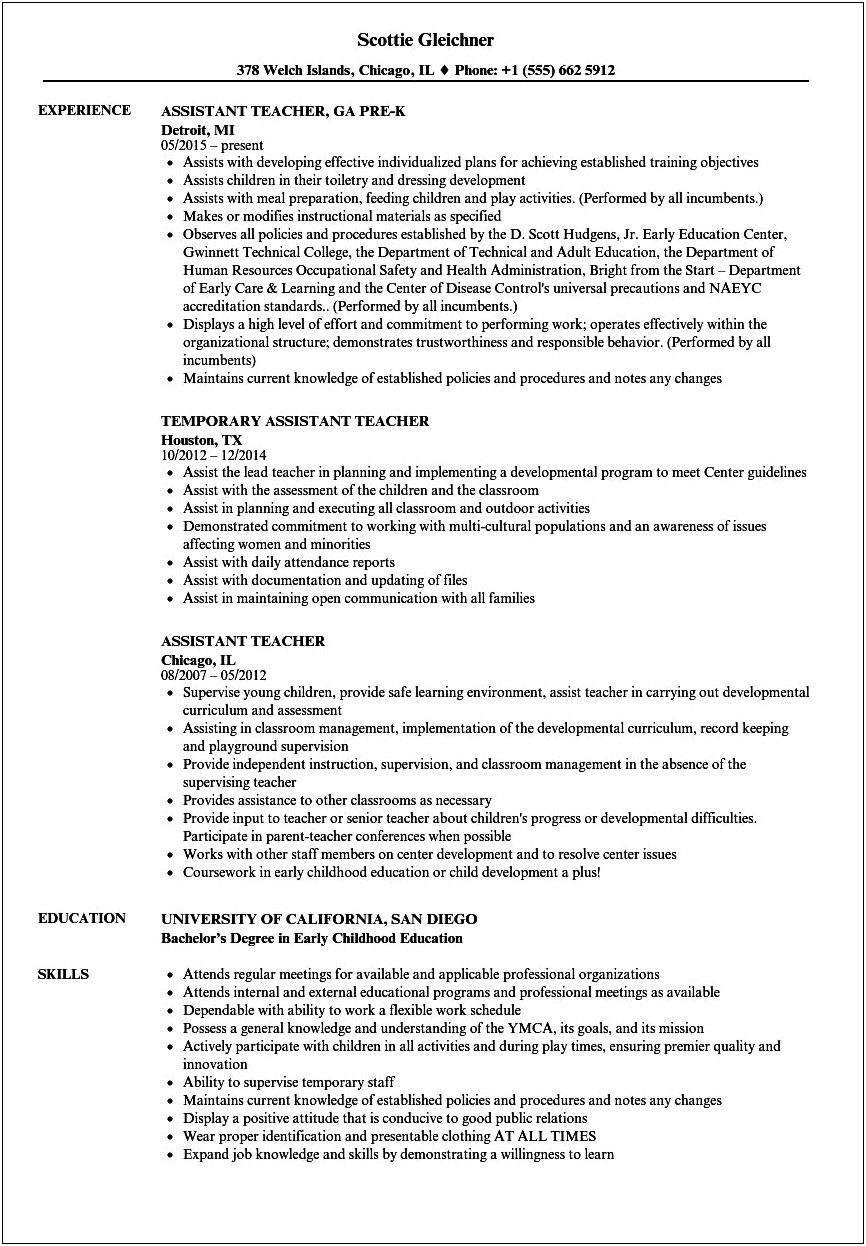 Sample Resume For Assistant Teacher In Childcare Center