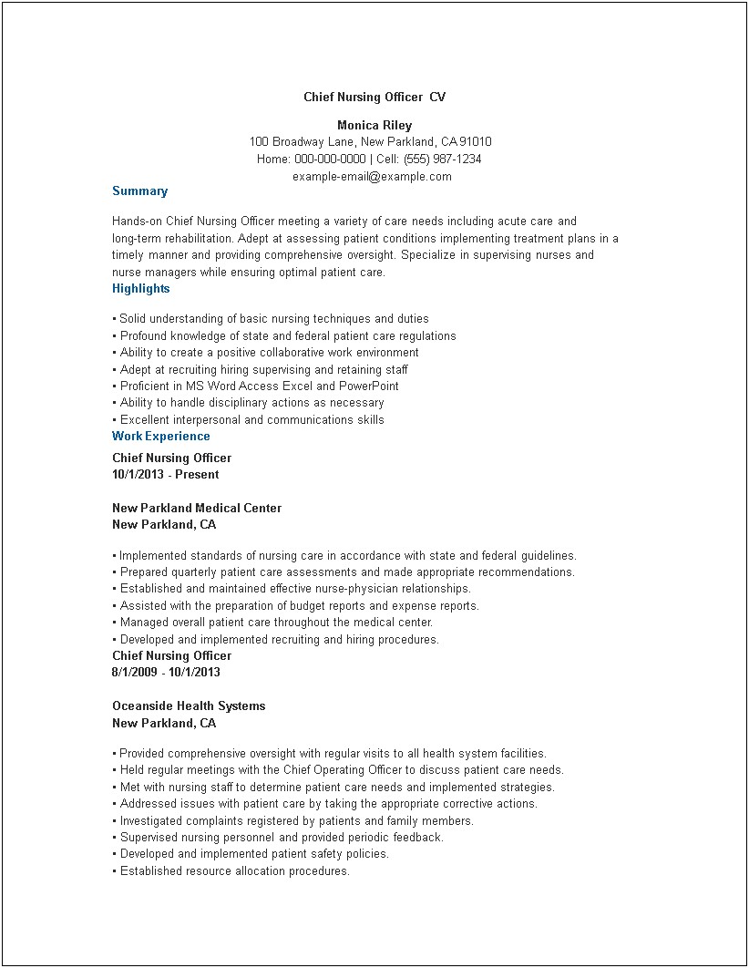 Sample Resume For Asst Cheif Nursing Officer