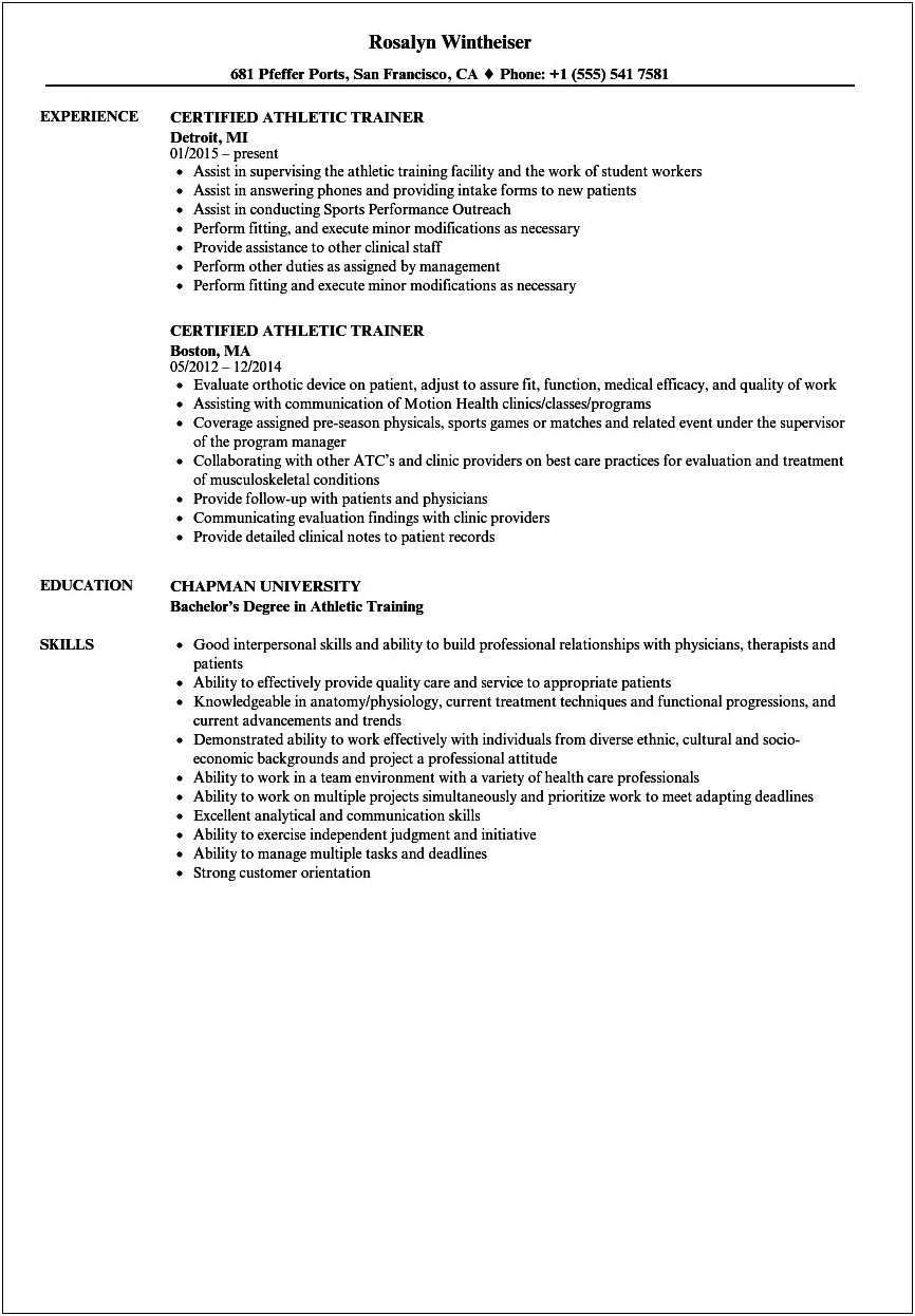 Sample Resume For Athletic Trainer Position