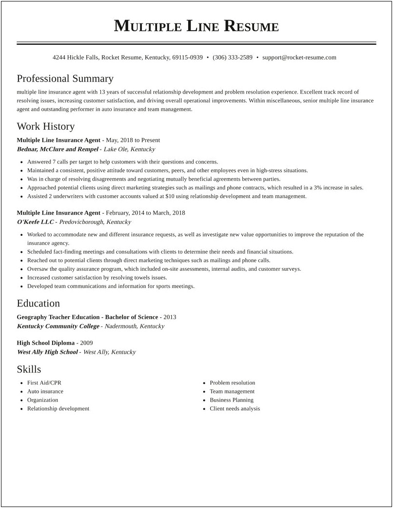 Sample Resume For Auto Insurance Agent
